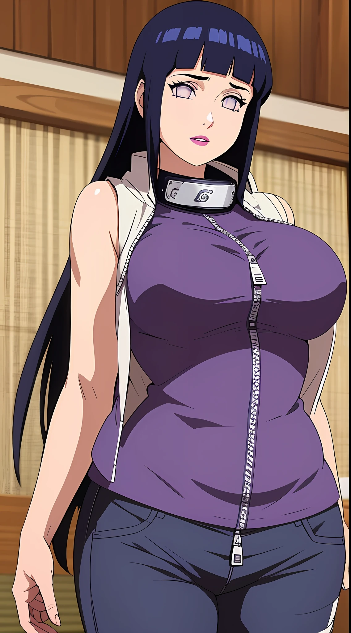 nmasterpiece, high-re, highly quality, Detailed face, detailed body render, 1girl, 独奏, Hinata Hyuuga, Hinata sleeveless clothing,Large Big breast,, Sleeveless shirt, Fishing net clothing, Dark lips, Unzipped jacket, exhibitionism,No bras, breasts out,, to stand, face red, (In the bedroom)