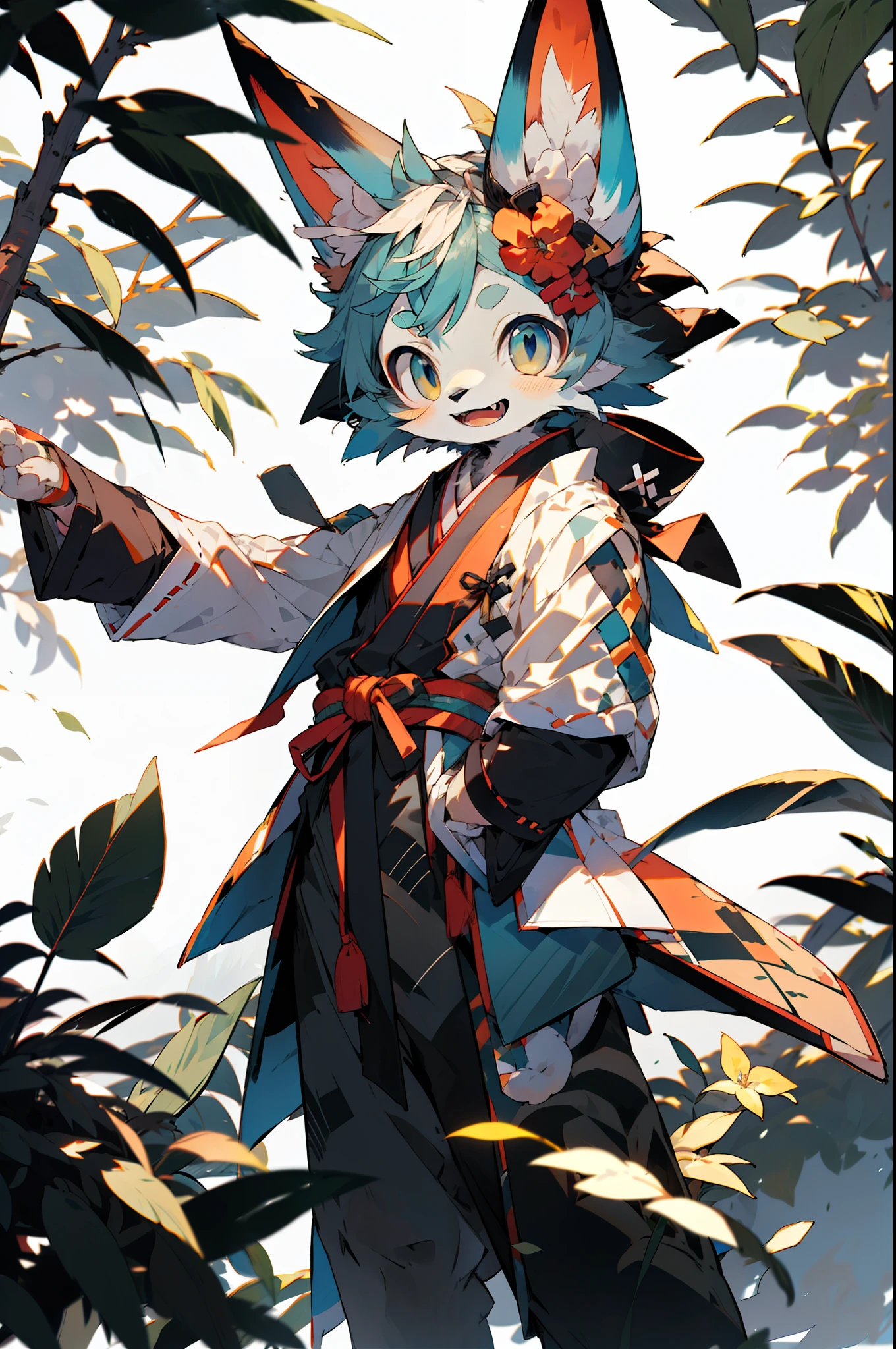 Depth of field,lighting perfect,light particules,(最佳质量),(nmasterpiece),(Ultra-detailded),Sharp focus,light particules,niji,eyesgod,Blushlush,brown_eyes,looking_at_viewer,smile,solo,furry,animal_ear_fluff,open_clothes,Arms back,Haut du corps,coattails,komono,Japanese style costume,Sun'rays,The tree,open mouth with,from from below,Arms back,Navy blue-yellow hair,White ears,Blue eyes