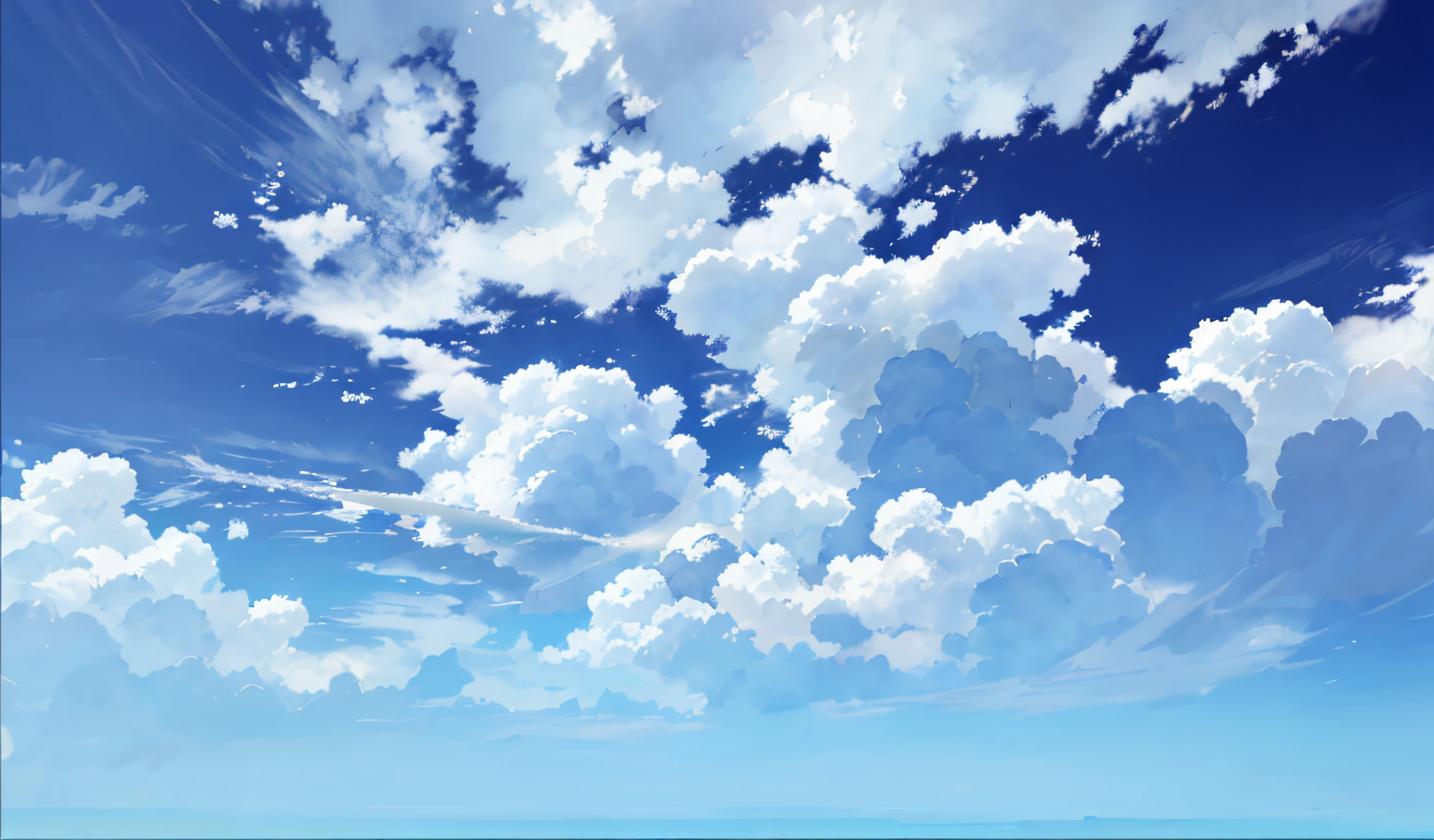 there is a picture of a plane flying in the sky, anime clouds, Anime Sky, beautifull puffy clouds. Anime, anime backgrounds, Studio Ghibli Sky, realistic sky, Sky background, sky in background, Anime background art, realistic clouds, sky in background, Detailed scenery —width 672, clear beautiful sky, large sky, the sky is beautiful and clear