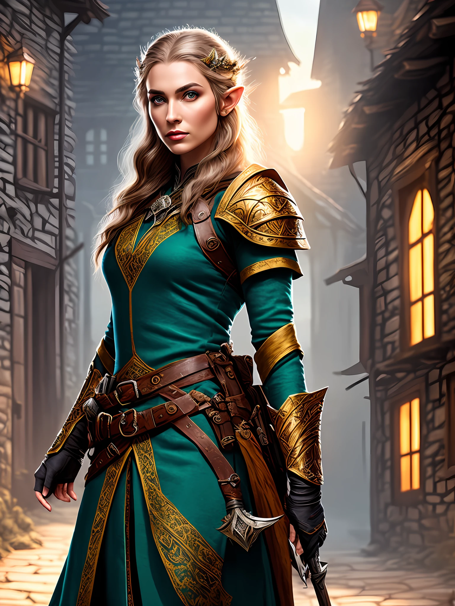 modelshoot style, award winning digital art of an elven ranger woman, fully clothed, in a fantasy village, d&d, masterpiece, best quality, soft lighting, backlighting, bloom, light sparkles, smooth, sharp focus