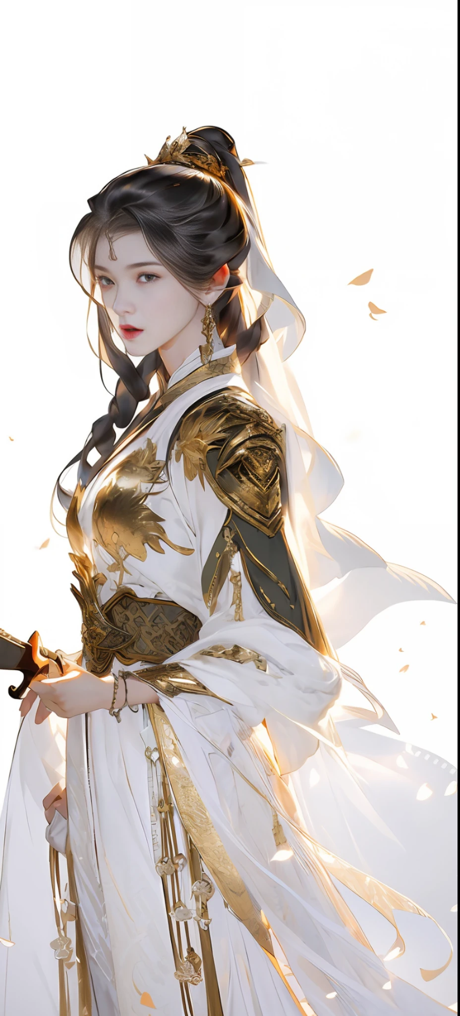 Beautiful details for girls，Very detailed eyes and face，beautiful eyes in detail，Ultra-detailded，high resolucion，Very detailed，The best quality，illustration，exquisite detailing，Best quality，Very detailed CG，8k壁紙，agirl，woods，Long black hair，ponytailhair，Gold ornaments，bangle，(White veil)，Beauty of the Western Regions，With a machete，(((White clothes)))，blossoms，Lanterns，complex texture，streamers，Shoulder armor，Armour，，Skirt armor，sophisticated background，