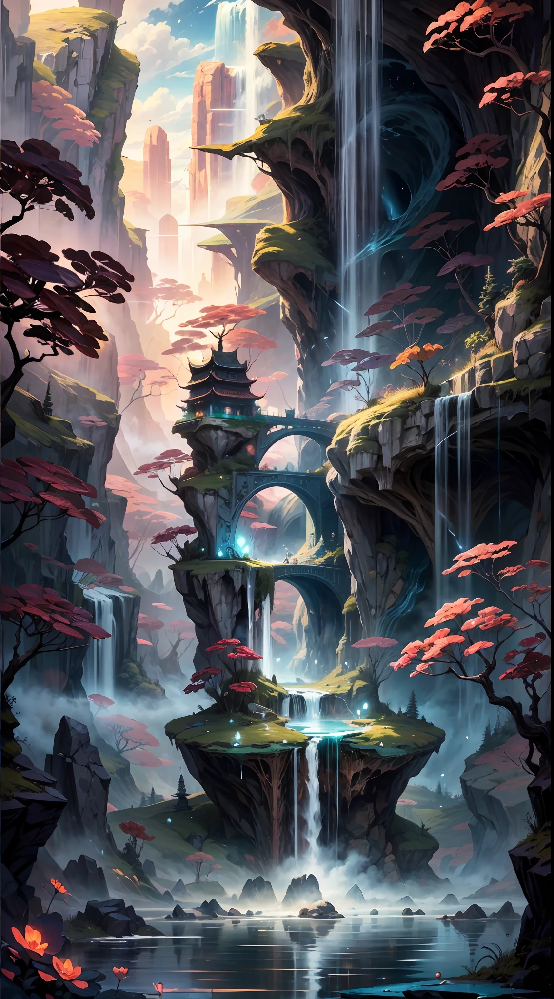 masterpiece, best quality, trending on artstation, The image portrays an otherworldly scenery that takes you on a magical journey to ancient fantasy China. In the center of the image, you see a magnificent waterfall cascading down from a towering cliff into a serene and tranquil pool below. The water sparkles with the reflection of the sun, creating a dazzling display of light. Above the waterfall, you see a series of floating islands, each one seeming to defy the laws of gravity and physics BREAK These islands are adorned with intricate details, with pagoda-style roofs, ornate bridges, and lush gardens. The sky above is a tapestry of colors, with hues of pink, orange and purple that blend together in a stunning display of natural artistry. You also see hints of magic, with glowing orbs of light floating in the air, and intricate symbols etched into the rocks surrounding the waterfall BREAK The overall effect of the image is one of serene beauty and mystical wonder, transporting the viewer to a fantastical land that seems to exist only in the realm of dreams and imagination.