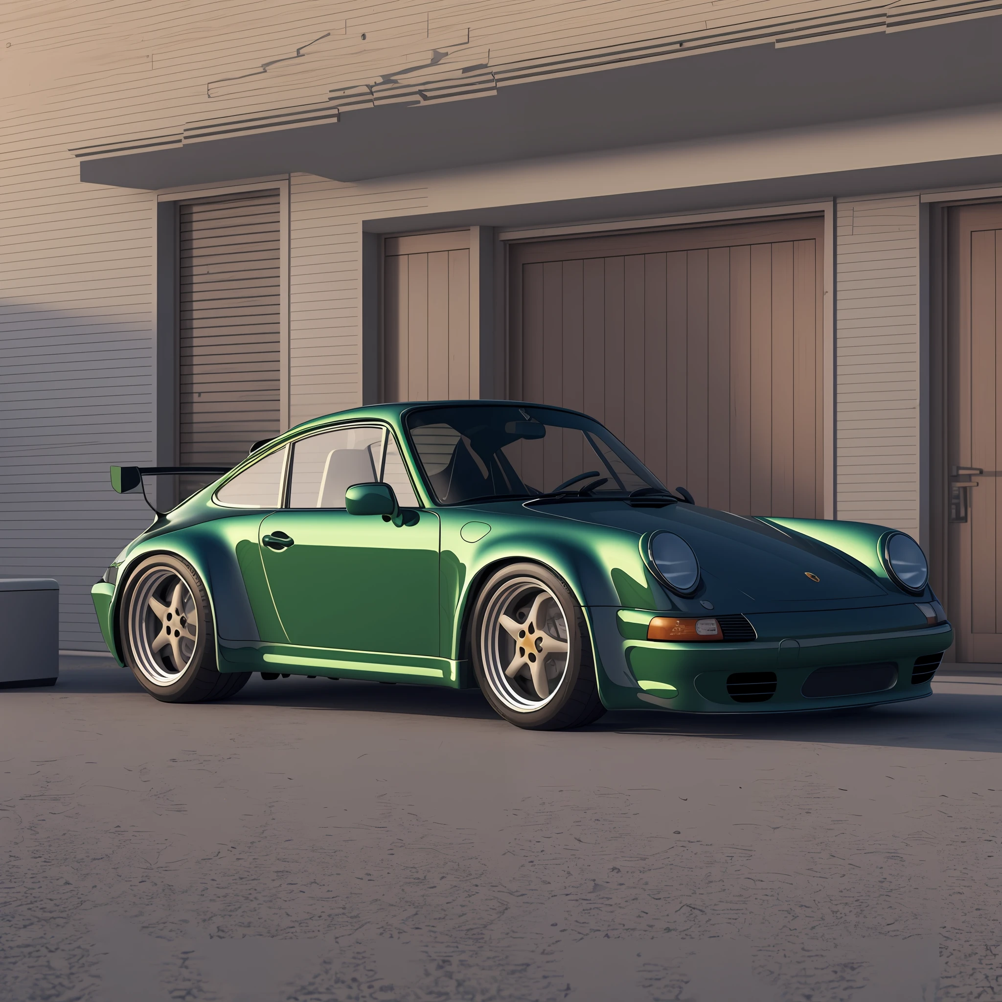 The Allafard Green Porsche 964 is parked in front of the garage, highly detailed hyper real retro, Porsche 964, Porsche 964,, hyper detailed 3d render, hyper detailed 3d render, Porsche 964, 3 d hyper realistic render, porch, ultrarealistic render, hyperrealistic 3d render, hyperreal rendering,refit,broad body,empennage,Porsche 964