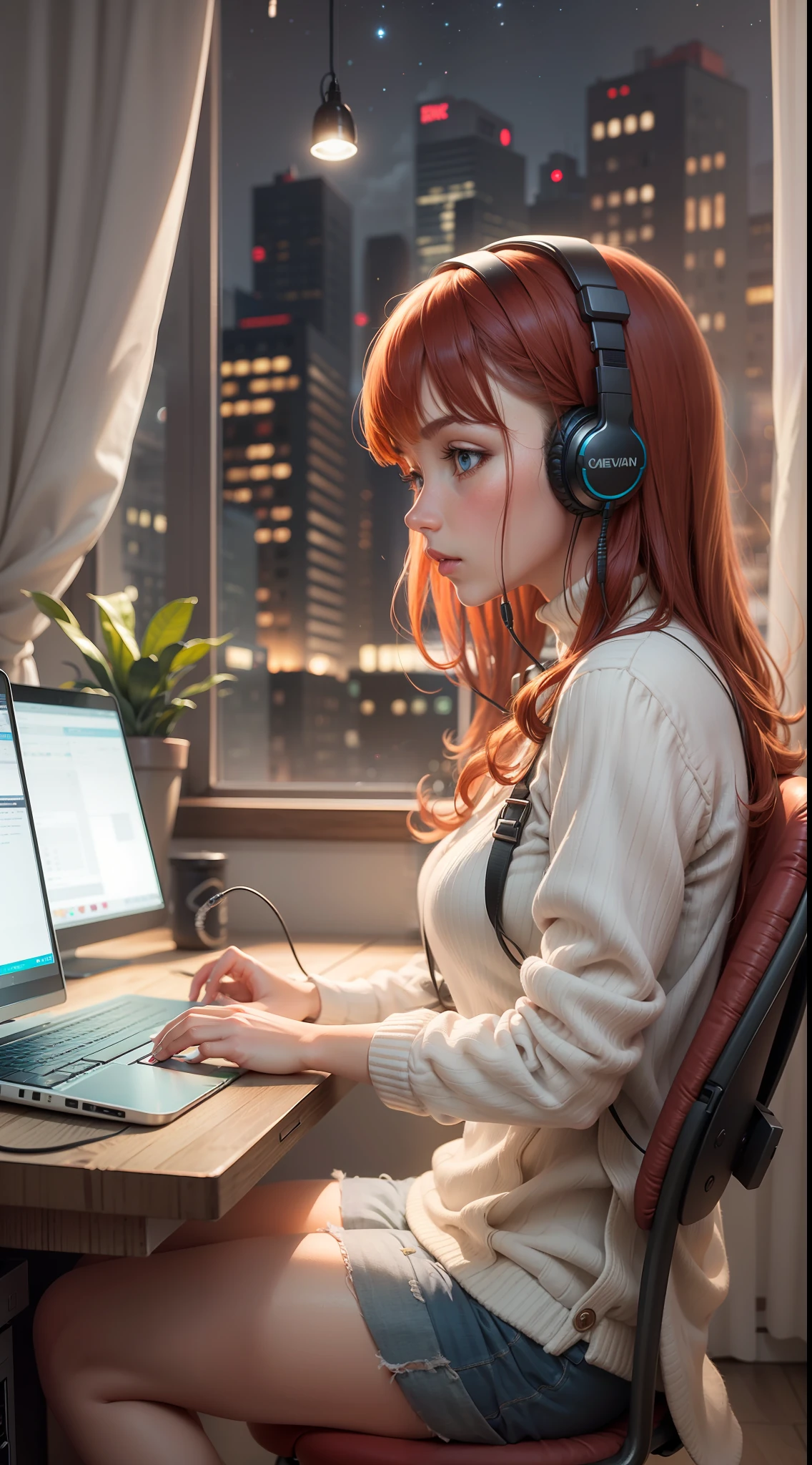 lofistudy, 1girl, from side, typing, redhead, blue eyes, chair, computer, headphones, indoors, keyboard_\(computer\), laptop, monitor, mouse_\(computer\), monitor, curtains, night, window, milan background
