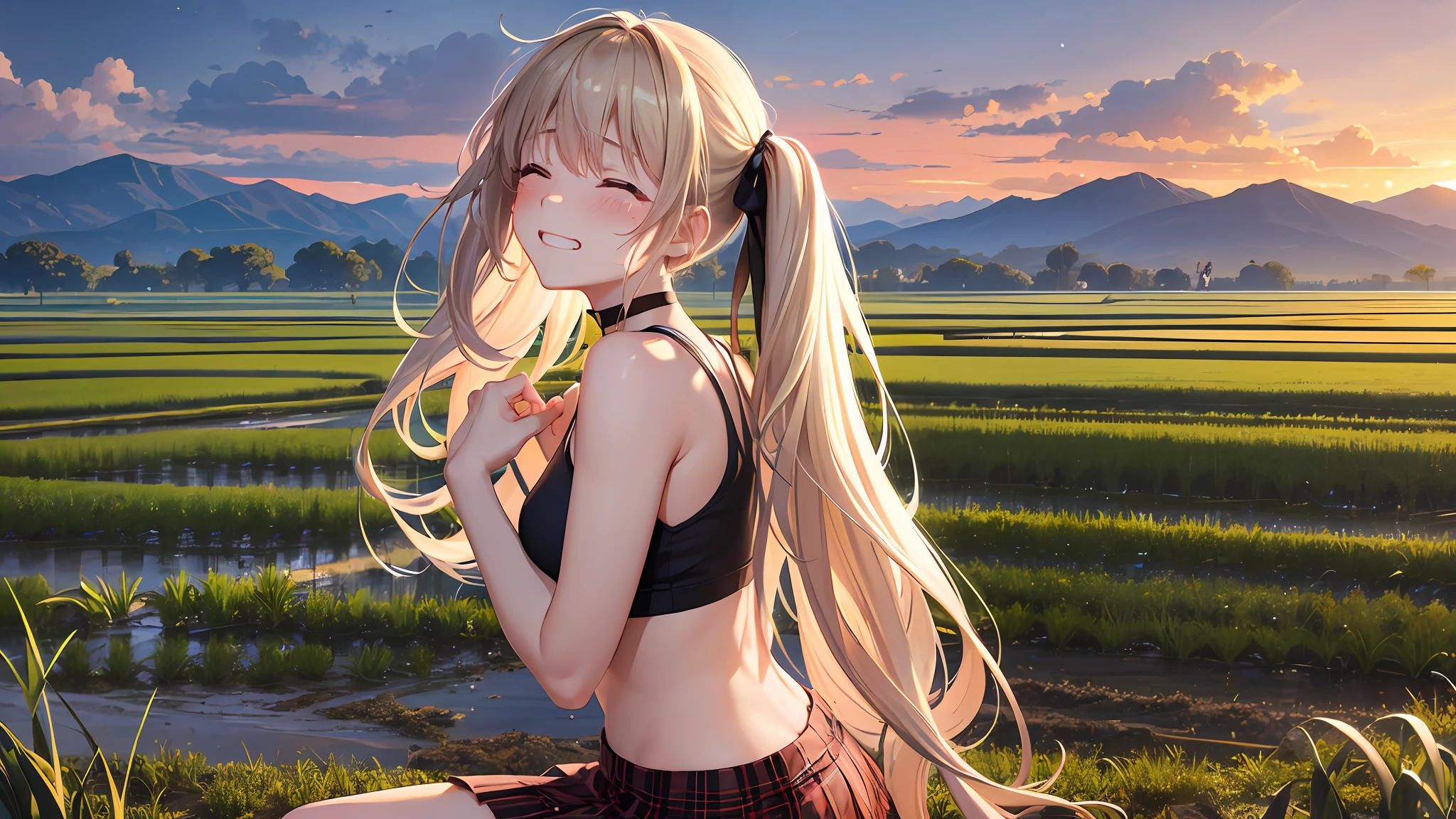 Top Quality, Best Masterpiece, 1 Woman, Solo, 20 Years Old, (Close Eyes: 1.4), Open Mouth, (Sad Smile Crying: 1.4), (from Side: 1.3), (Looking Away: 1.4) Slender Body, (Gold Hair), Low Twin Tails, Shiny Hair, Tank Top with Red Lines on Black, Checked Skirt, Black Sneakers, Blushing, evening, a lot of rice fields, big sunset, sitting in the steppe, choker, hiding hands behind your back