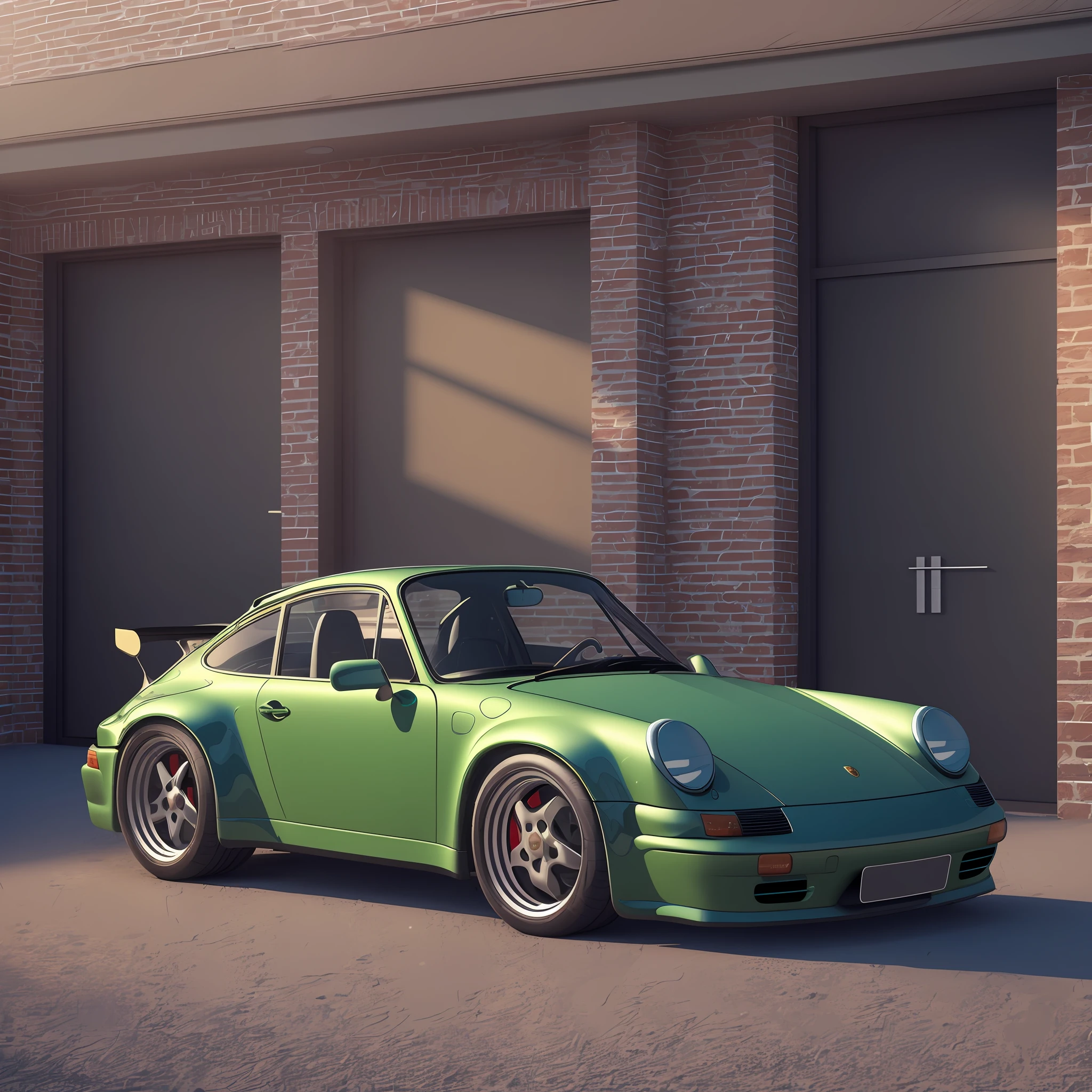 The Allafard Green Porsche 964 is parked in front of the garage, highly detailed hyper real retro, Porsche 964, Porsche 964,, hyper detailed 3d render, hyper detailed 3d render, Porsche 964, 3 d hyper realistic render, porch, ultrarealistic render, hyperrealistic 3d render, hyperreal rendering,refit,broad body,empennage,Porsche 964