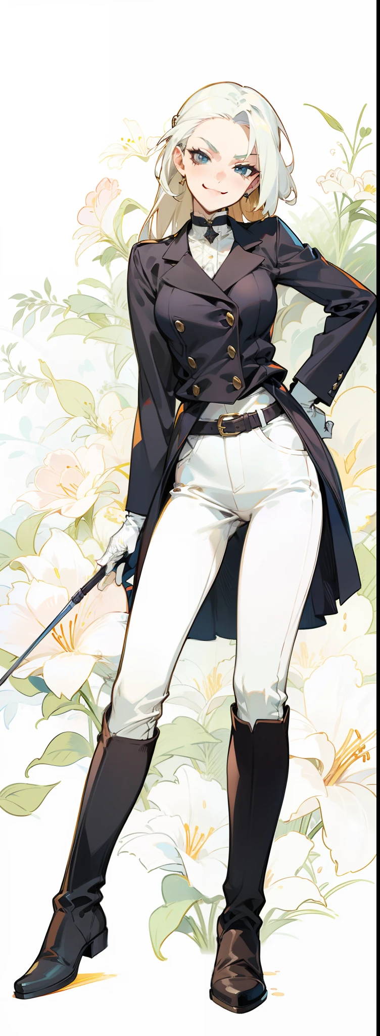 Anime, Illustration, dominatrix, queen, adult, femdom, equestrian, seductive, devious, woman, white blouse, gloves, long hair, looking at viewer, smug, smirk, black slim riding boots,holding riding crop
