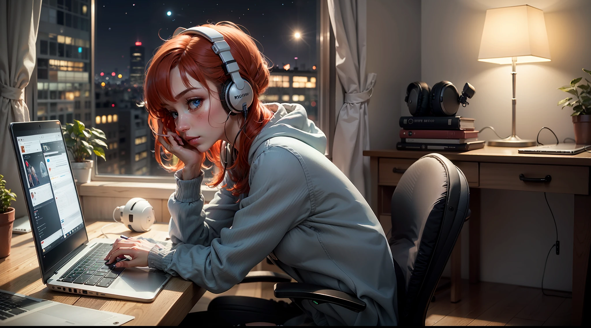 lofi, 1girl, (full body), sideways, typing, redhead, blue eyes, chair, computer, headphones, indoors, keyboard_\(computer\), laptop, monitor, mouse_\(computer\), monitor , curtains, night, window, Milan background