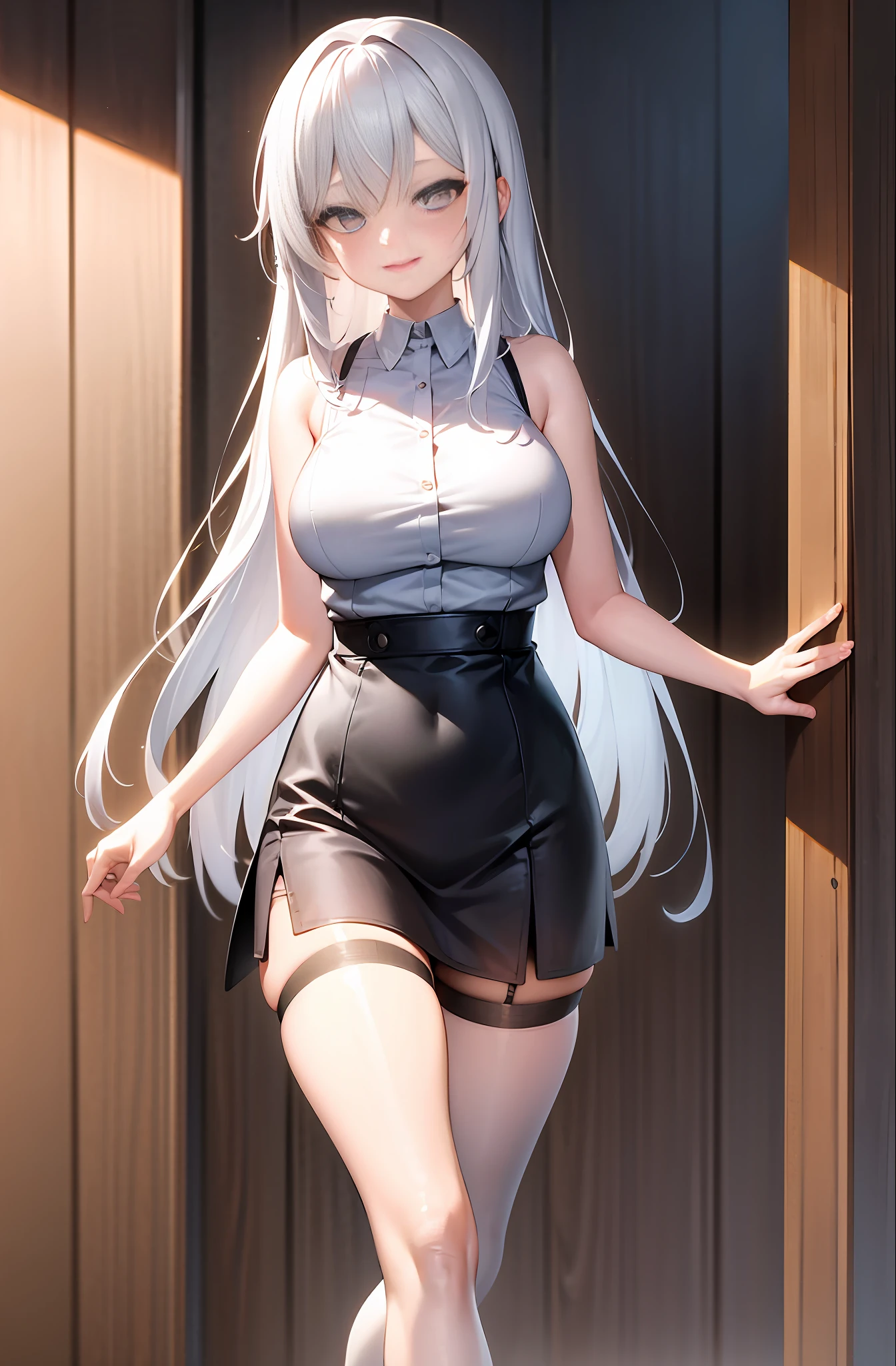 masterpiece, (highres:1.2), (ultra-detailed:1.3), (oil painting:0.8), (extremely detailed CG unity 8k wallpaper:1.1),
Detail, solo, 1girl, looking at viewer, legs open, light particles,
solo, highres,  long hair,  looking at viewer, blue eyes,
smile, extra large breasts, very long hair, legs, dress long white, thigh stocking, bare shoulders,thigh stocking, 
blushes, Pemandangan, Taman, shirt, sleeveless, sleeveless shirt, thighs, white hair, white shirt, Cantik, perhatian, imut, mencintaiku dengan sepenuh hati nya, Setia, Senyum manis padaku