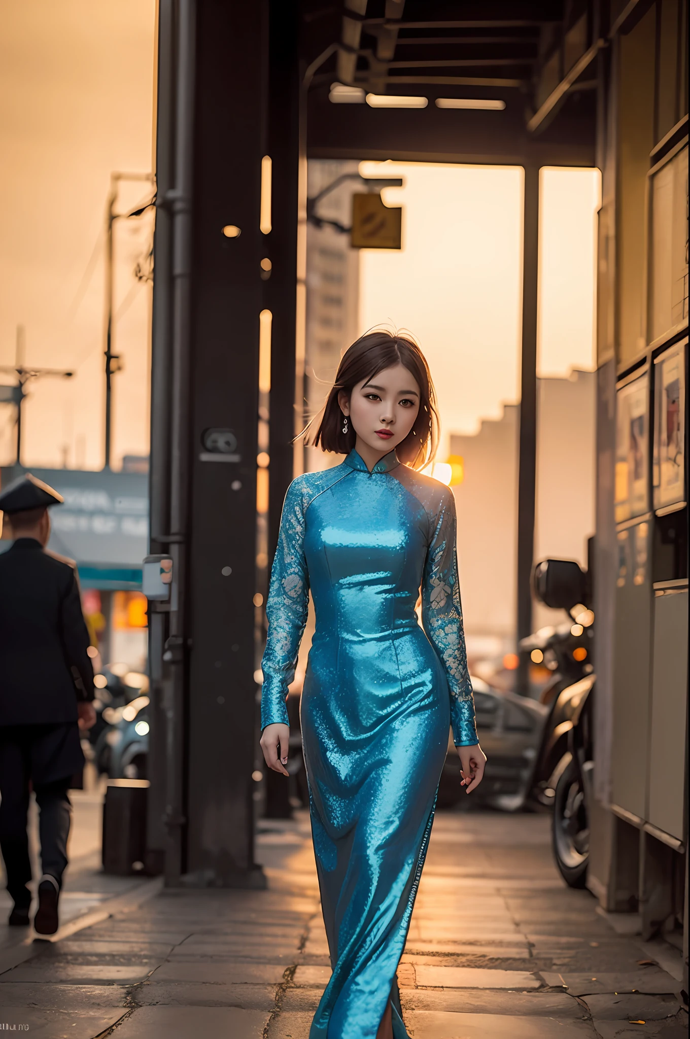 a beautiful girl in vintage bright colors aodai tradition viet nam, city nigth, masterpiece, best quality, realistic:1.3, street, cyberpunk, sunlight, backlighting, artstation, intricate details, vignette, city night, antique car, Hoi An