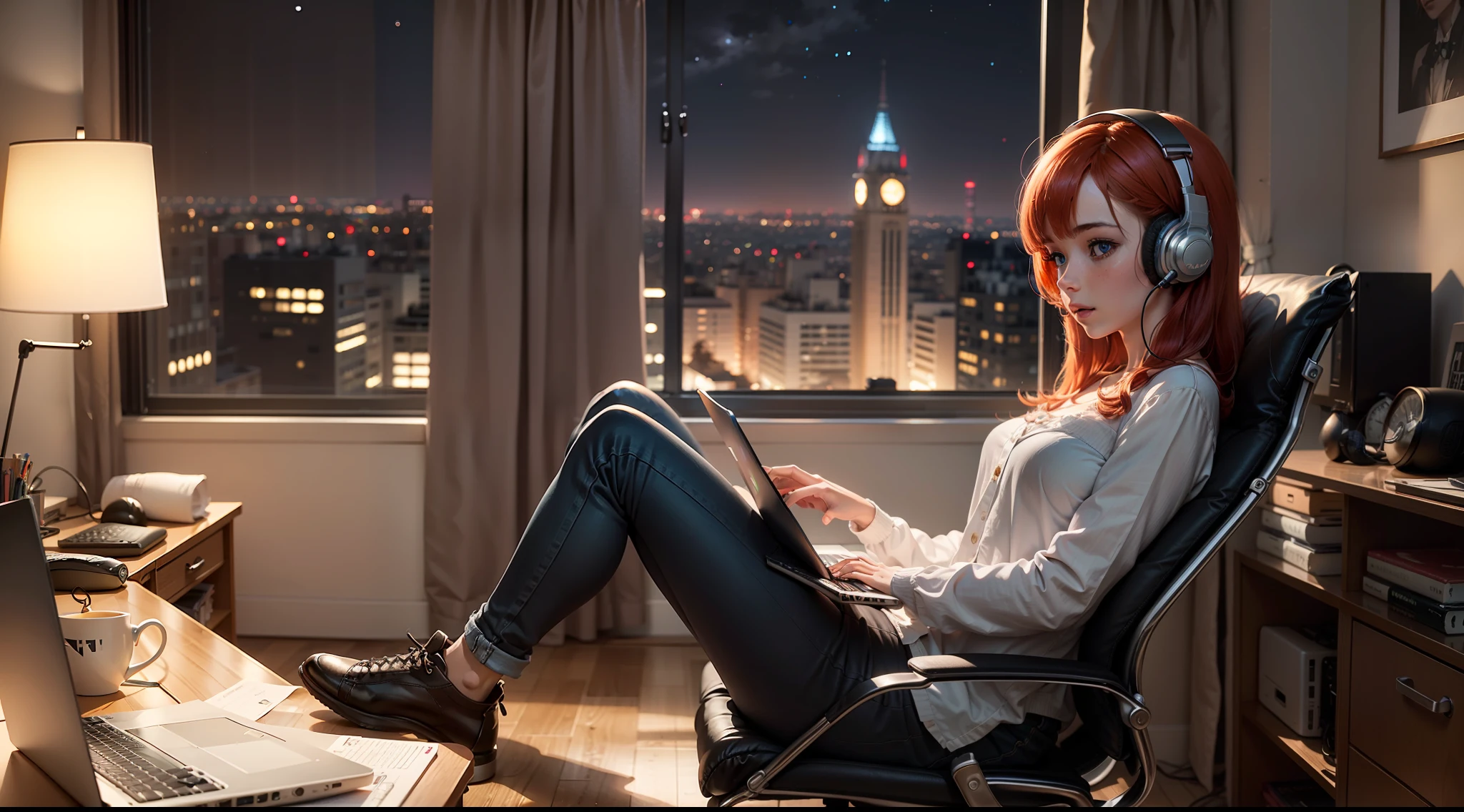 lofi, 1girl, (full body), sideways, typing, redhead, blue eyes, chair, computer, headphones, indoors, keyboard_\(computer\), laptop, monitor, mouse_\(computer\), monitor , curtains, night, window, Milan background