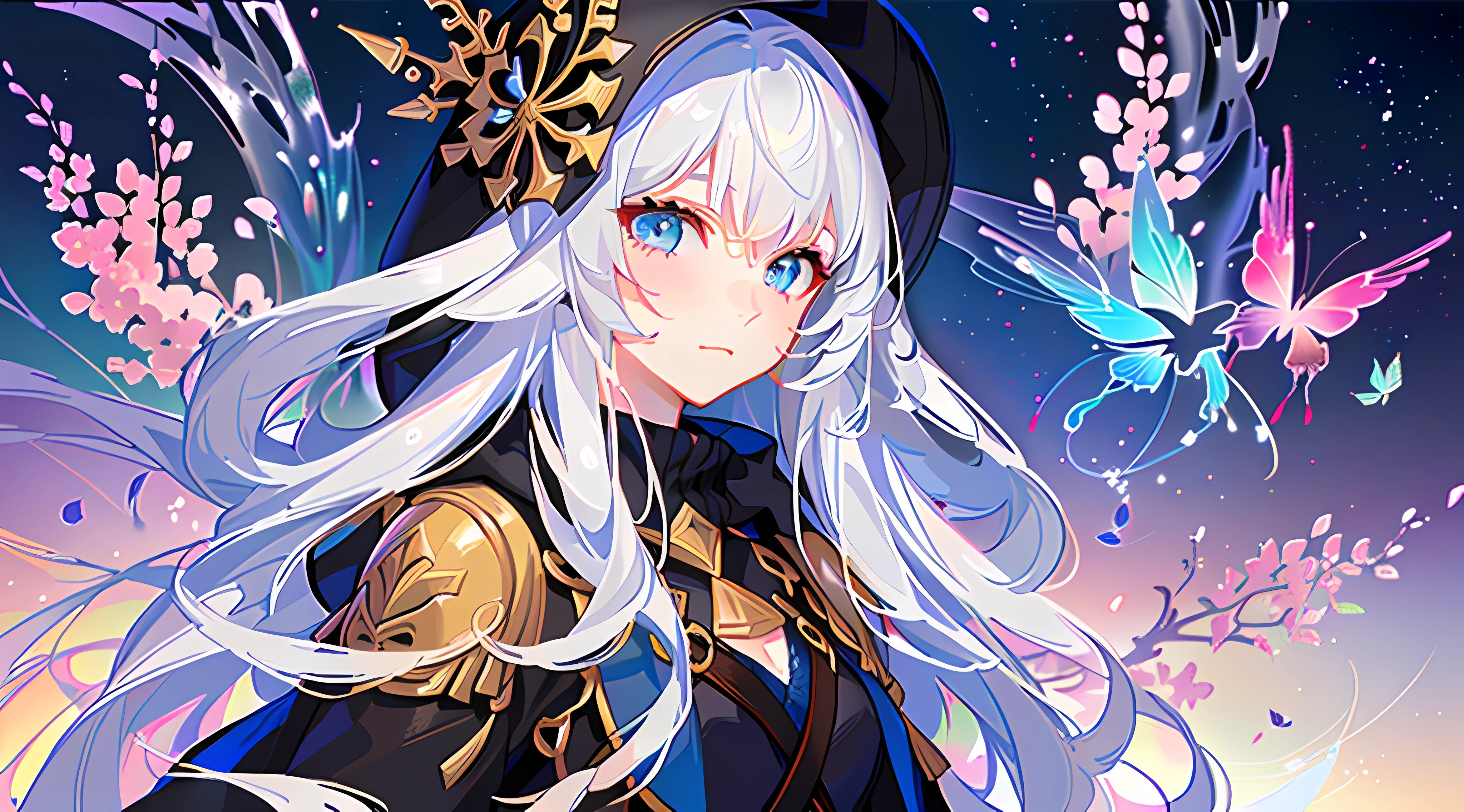 agirl，（Gold-patterned hood，There are colorful flowers on the cap，Messy and flowing hair，length hair，whitehair，Blue eyes，glass pupil，Cherry small mouth，Distant View），prette，Cutes，        （Black trench coat，Wide sleeves：1.2），        （At night sky，Light is emitted from the bottom，flowers fields，glowing butterflies：1.3），      Close up of，Haut du corps，（the best quality，ultra fine，nmasterpiece:1.3），Original，extremelydetailedwallpaper，（perfect litthing），（extremely details CG:1.2），brushwork，paint brushes，animel，comic strip， （Detailed hand description：1.2）