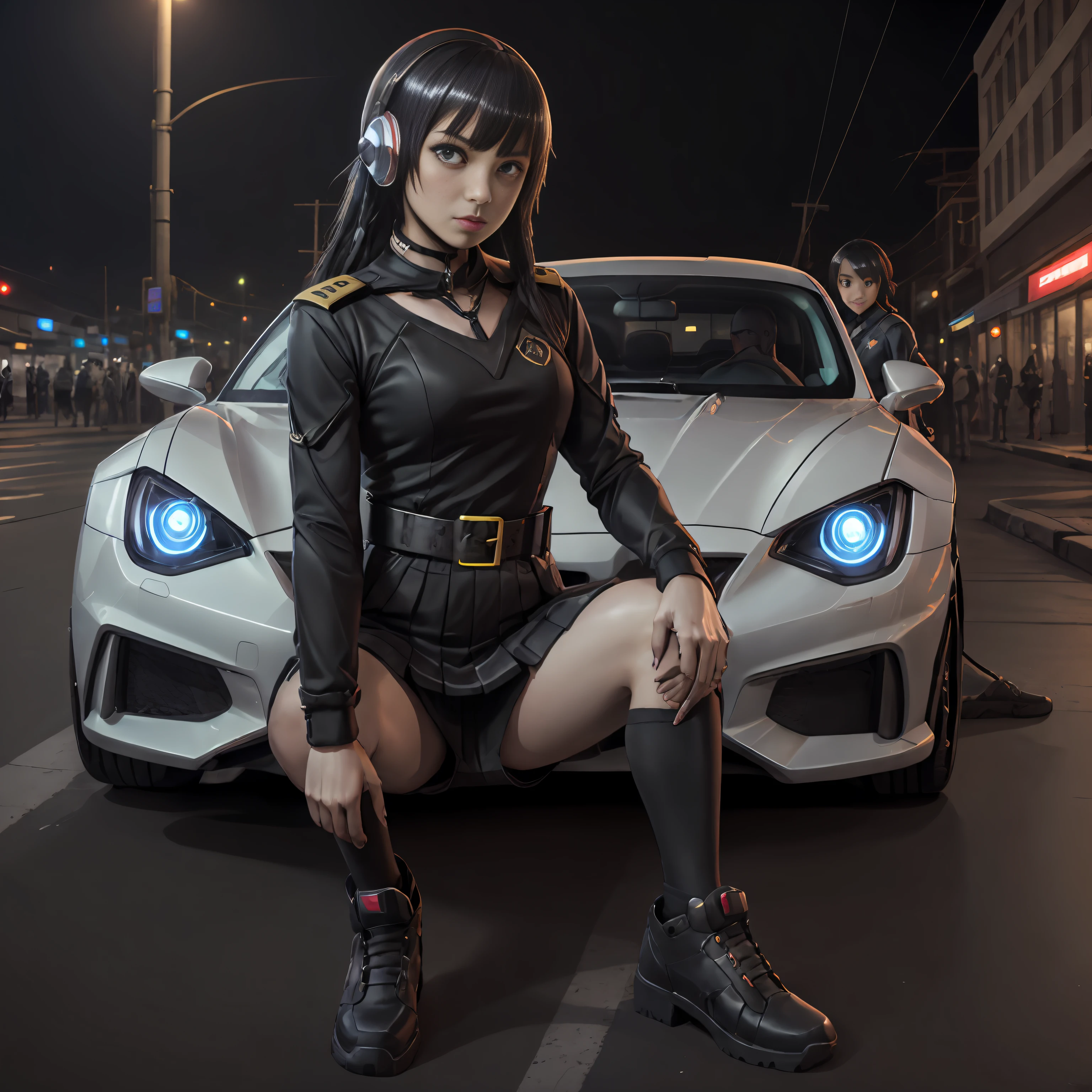 ((Masterpiece, Best Quality)), ((a 1girl)), (a 1girl:1), [car], 独奏, (girl stand in front of car),sitting , side locks, Bangs, Hair between the eyes, looking at the spectator, long sleeves,Bright,neon lights,night time,Midnight,town,Cyberpunk,light,[motor vehicle],[ground vehicle], sports car, black sailor collar, black serafuku, Long Hair, black hair, black thighs, pleated skirt, brown footwear, vehicle focus,