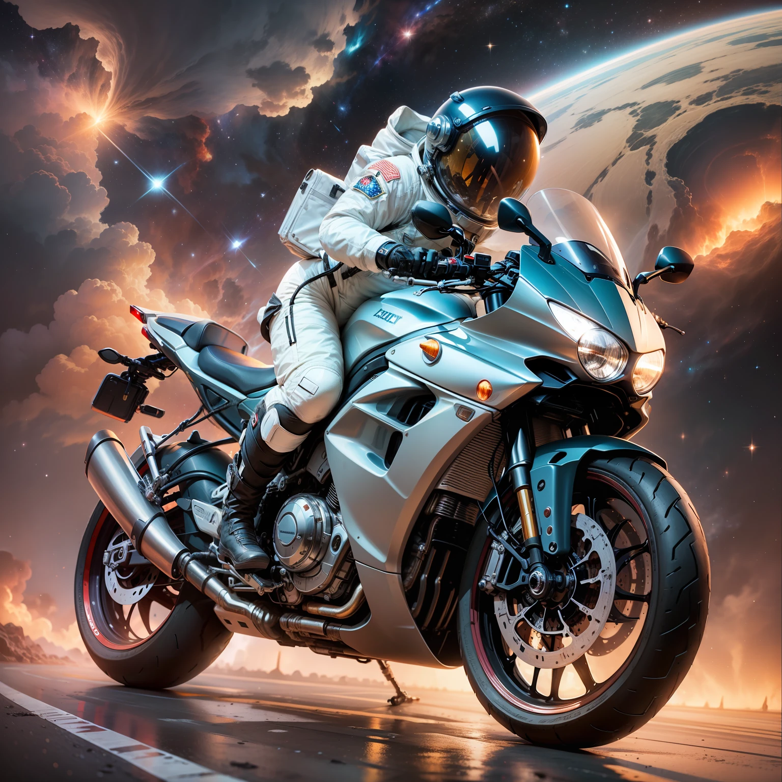 highway in space, passes through a nebula, a motorcycle astronaut travels along it