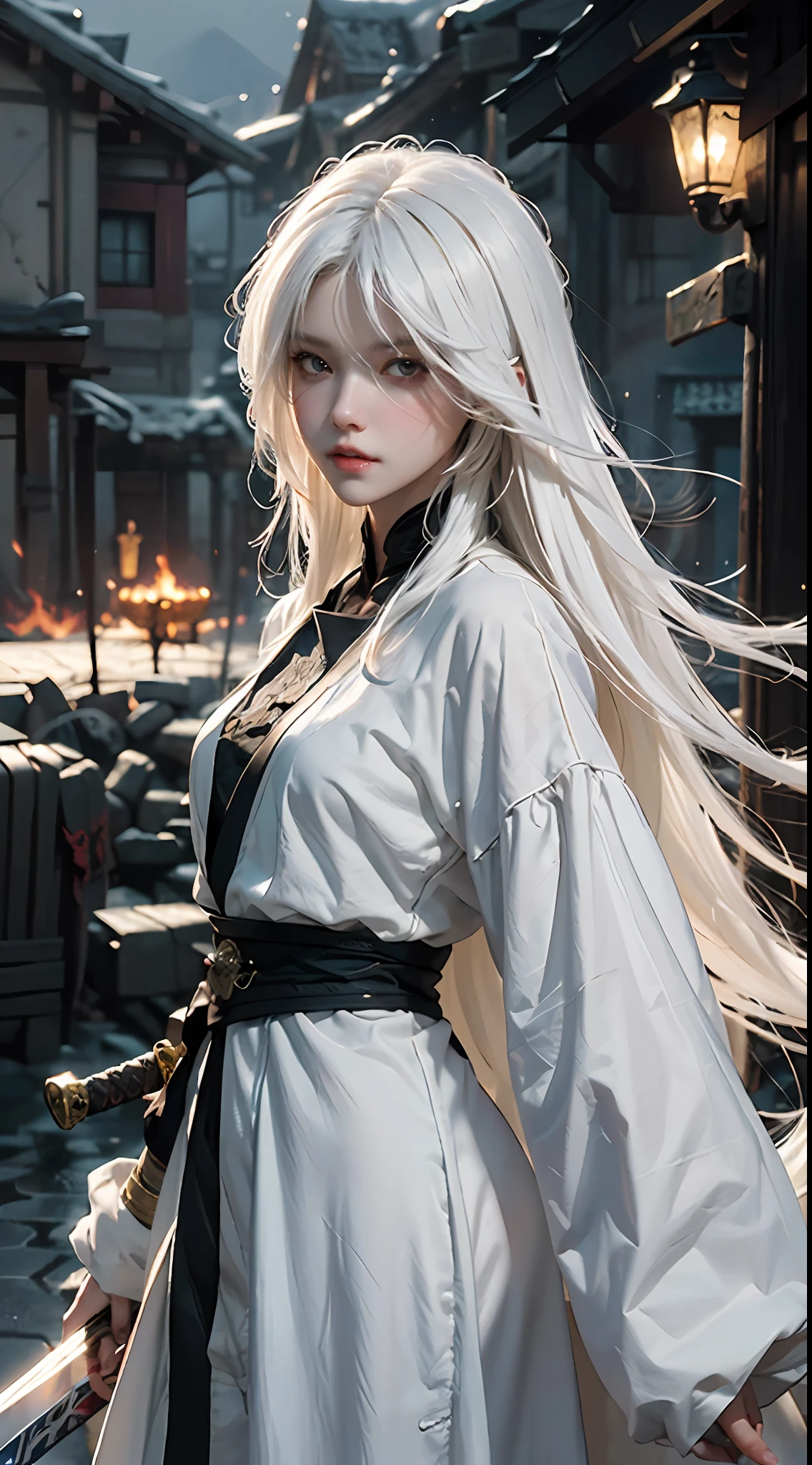 a close up of a person with white hair and a sword, white haired deity, with white long hair, with long white hair, artwork in the style of guweiz, white haired, guweiz, handsome guy in demon slayer art, beautiful character painting, by Yang J, white-haired, guweiz on pixiv artstation, anime character