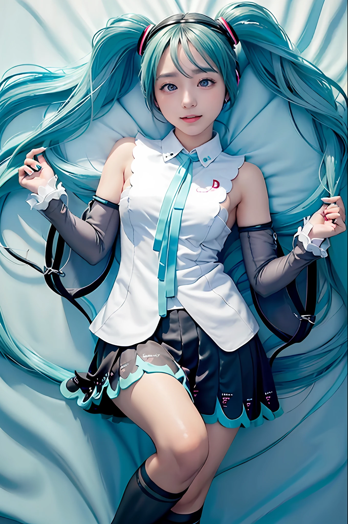 Hatsune Miku's uniform、photorealestic, high-re, 1个Giant Breast Girl, Korea person, Heterochromia eyes, small moles under eyes,Bet、bedsheet、Hatsune Miku、 a large breast、sleep、