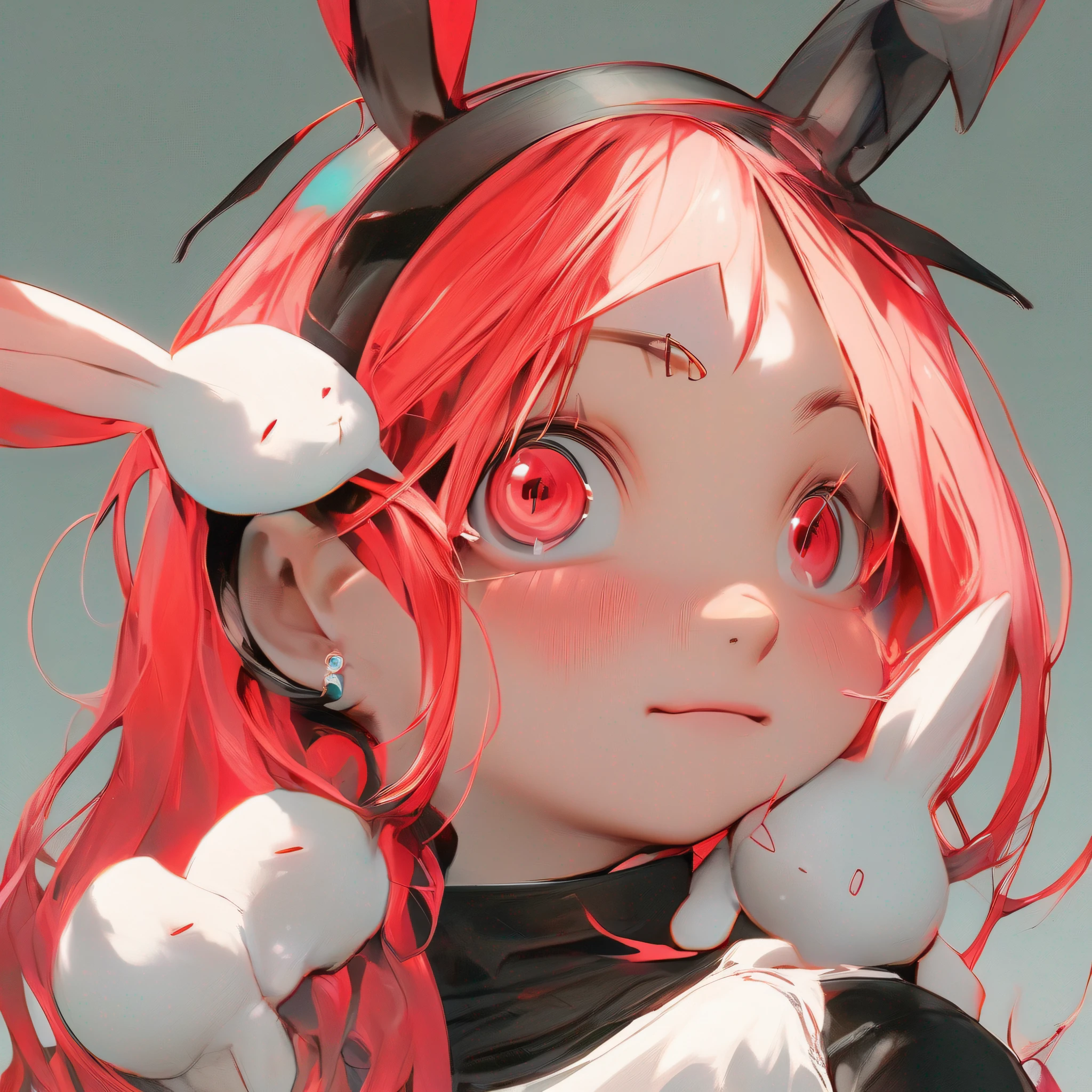 hair bobbles, longeyelashes, solid circle eyes, fake animal ears, ear blush, fang, red hair, bunny hair ornament, mismatched sclera, hoop earrings, tearing up, Surrealism, drop shadow, anaglyph, stereogram, tachi-e, pov, atmospheric perspective, 8k, super detail, ccurate, best quality, high details