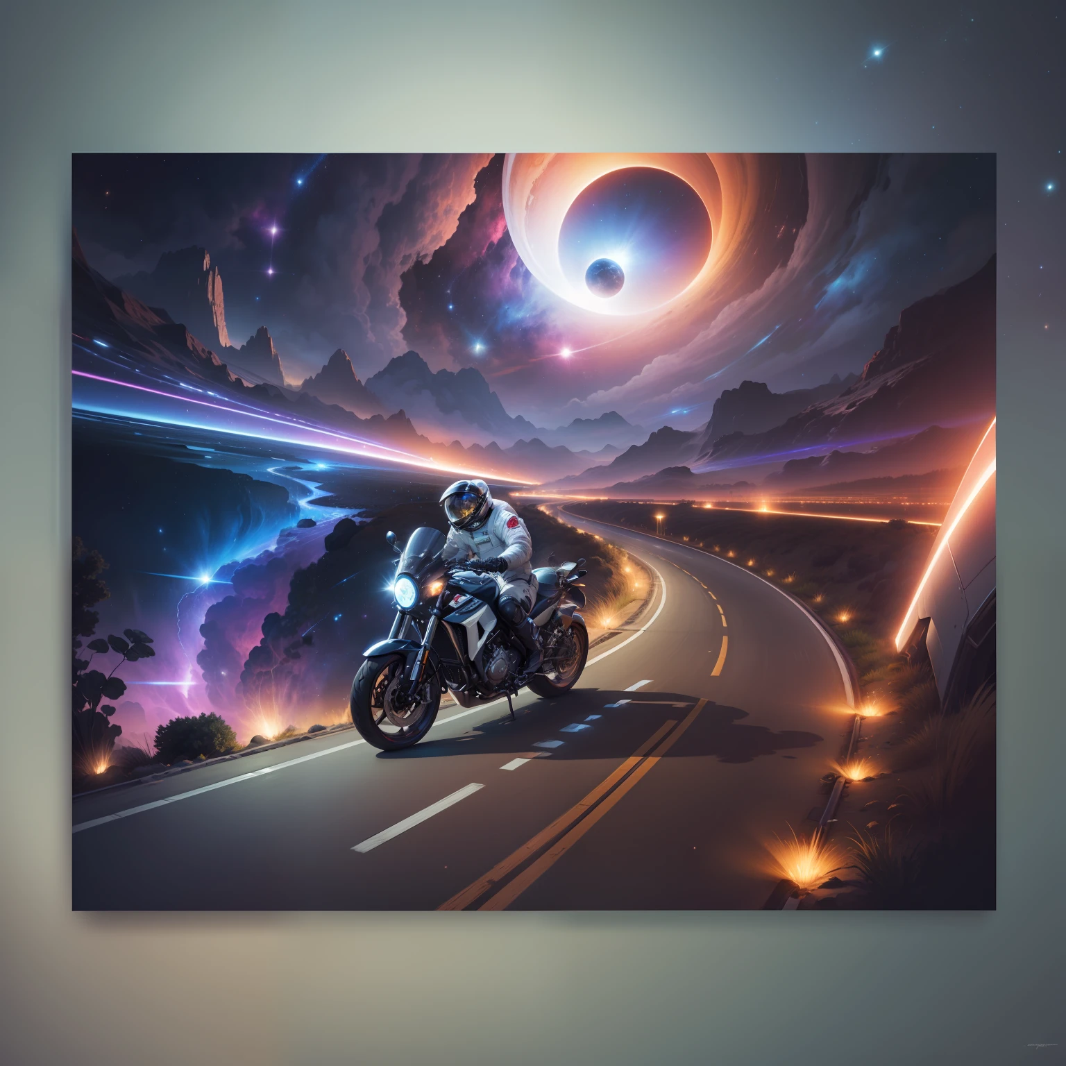 (best quality, masterpiece) A space highway passes through a vibrant nebula as a daring motorcycle astronaut navigates along the winding path.