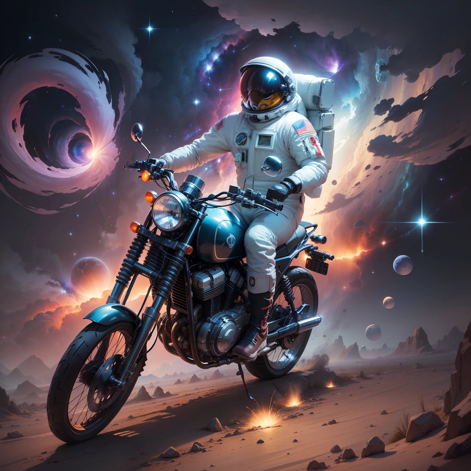 (best quality, masterpiece) A space highway passes through a vibrant nebula as a daring motorcycle astronaut navigates along the winding path.