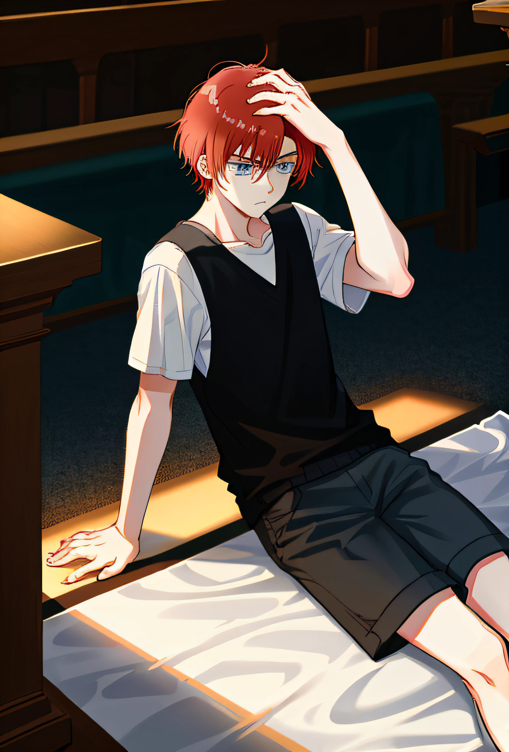 schoolboy,with short red hair,Blue eyes,Wearing a white shirt and black shorts,Lie on the altar of magic,Support your body with your left hand,right hand on head,headache,Pain in expression