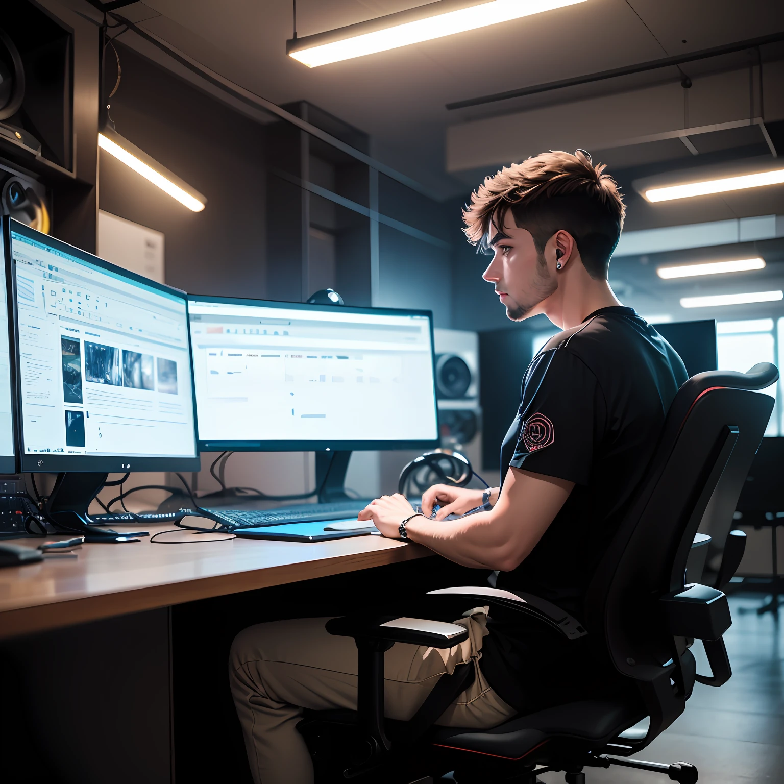 Creation of an innovative futuristic video editing studio that does not exist all around black and in the background a male employee sitting in a chair fiddling with the computer --auto