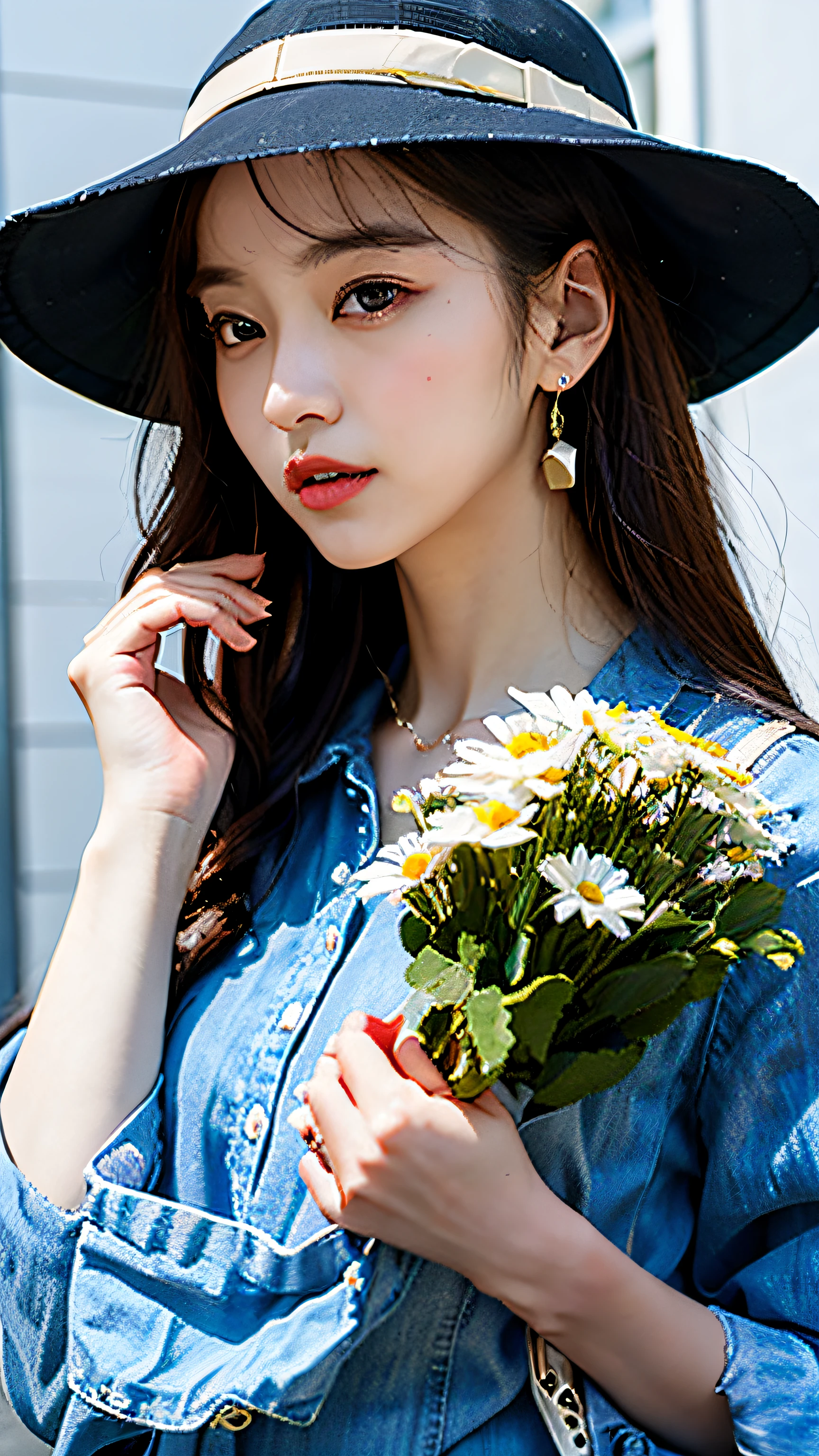 Bucket Hat、Daisy、flowers、slong hair、Outfit in black