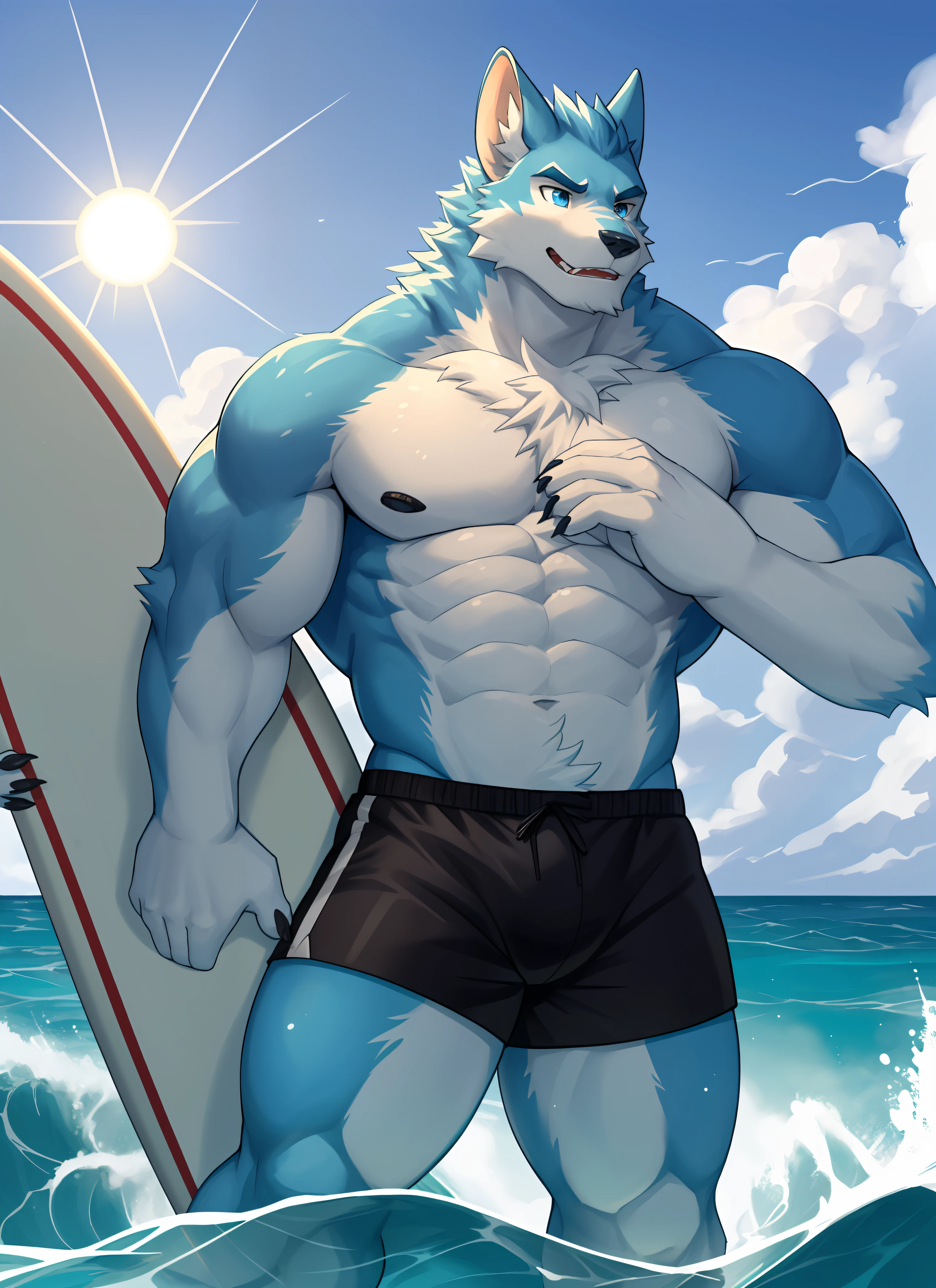 独奏，1boys， Male focus， very muscular， chest muscle， mucular male， Briefs， Sharp nails， During the Day，afloat， Long hairs， Blue fur，Thick legs，Lewd expression，独奏，solo person，swimshorts，Only one person！Cross your hands at the waist，Blue pupil，eye closeup，surfboard，Surfing，ocean swells，zhangzui，Whole human body，Light，The Sun