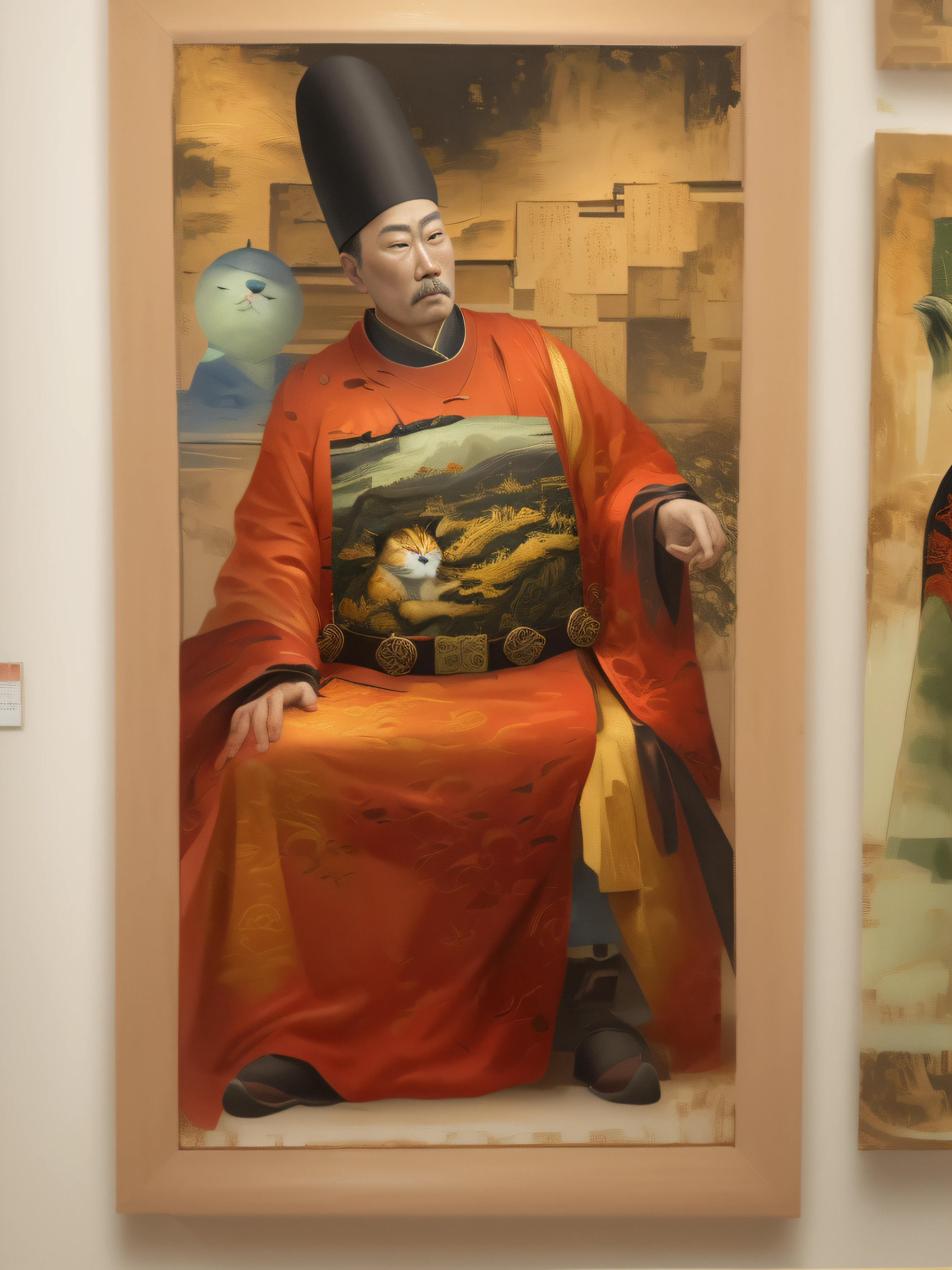 painting of a man and a woman in red robes with a cat, inspired by Dong Yuan, photo of a painting, by Xuande Emperor, painting of a man, displayed in a museum, inspired by Wang Ximeng, inspired by Zhang Zongcang, Inspired by Hu Zaobin, inspired by Guo Xi, inspired by Fang Congyi