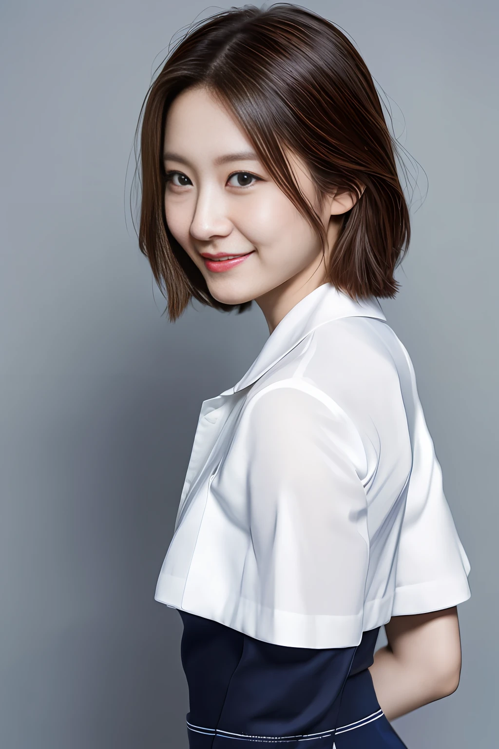 ((Best Quality, in 8K, Maste Piece: 1.3)), Japanese cool beauty, empty blue background: 1.8, White shirt, Gray skirt, Highly detailed and skin texture, Smile, fashion model pose,Central configuration