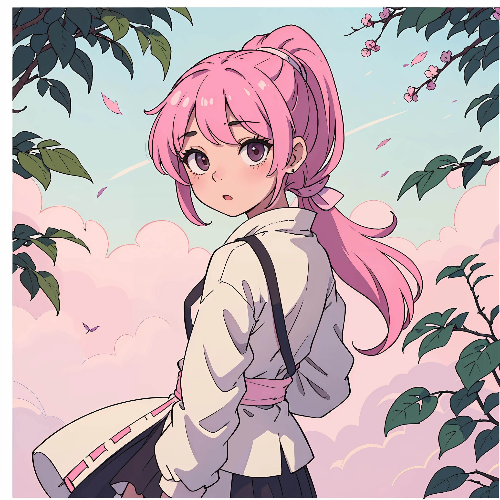 agirl,Pink ponytail,Cutes,white backdrop,solo person,最佳质量,Cinematic shots