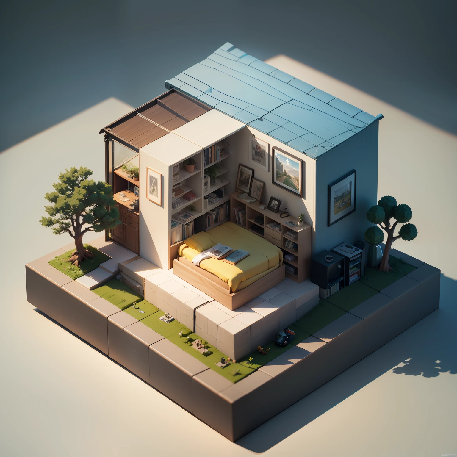 (Isometric perspective:1.5),(Pixar style:1.2), Room, bed, sofa,(small bonsai:0.8),desk lamp, TV, mural, 3D,Disney,Panoramic photo,White background, solid background,Global illumination, raytracing, modeling,HDR,octane render,unreal render,behance,dribbble,artstation,best quality, 8k, --auto