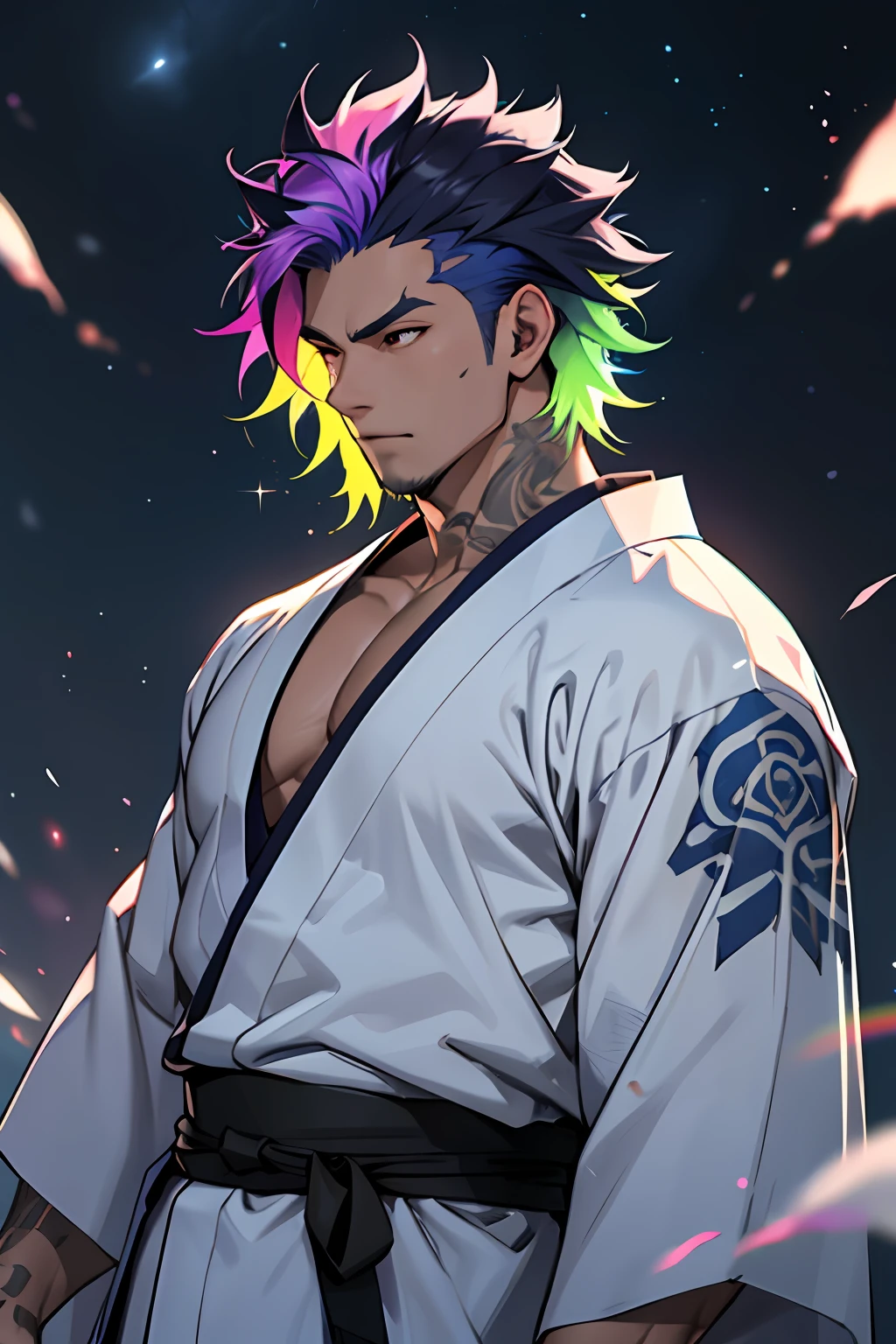 man wearing short kimono, open kimono, demon slayer kimono, white kimono, rainbow kimono, white with rainbow colors kimono, samurai tattoos, yokai tattoos, age 24, lean full muscles, upper body only, waist up only, erotic, muscular, tight body, tight muscles, super colorful, demon slayer magic particles, iridescent particles, rainbow particles, sky full of stars, fantasy katana made of rainbow glass, rainbow hair, neon hair, multicolor hair, white base hair