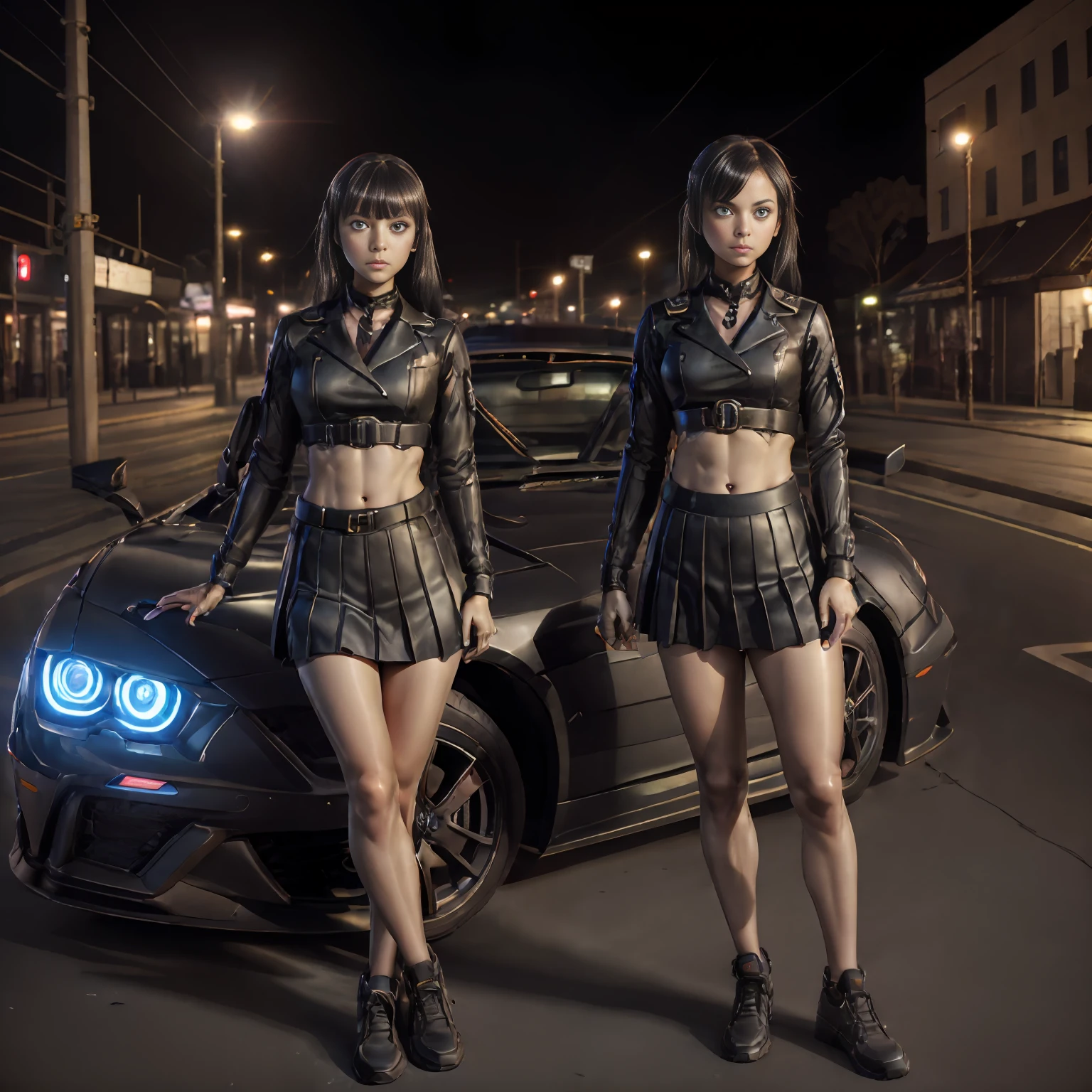 ((Masterpiece, Best Quality)), ((a 1girl)), (a 1girl:1), [car], 独奏, (girl stand in front of car),sitting , side locks, Bangs, Hair between the eyes, looking at the spectator, long sleeves,Bright,neon lights,night time,Midnight,town,Cyberpunk,light,[motor vehicle],[ground vehicle], sports car, black sailor collar, black serafuku, Long Hair, black hair, black thighs, pleated skirt, brown footwear, vehicle focus,