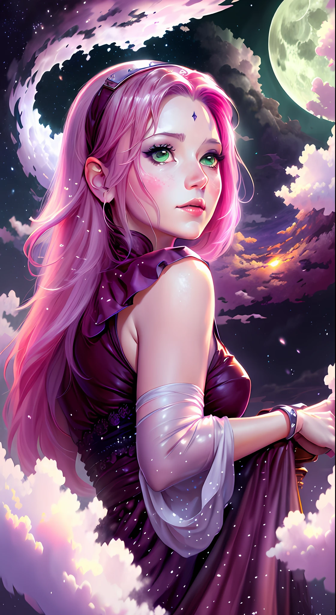 ((best quality)), ((masterpiece)), (detailed), 24 year old Sakura Haruno from naruto, long pink hair, green eyes, horror beauty, perched on a cloud, (fantasy illustration:1.3), enchanting gaze, captivating pose, delicate scars, otherworldly charm, mystical sky, (Luis Royo:1.2), (Yoshitaka Amano:1.1), moonlit night, large full moon, soft colors, (detailed cloudscape:1.3), (high-resolution:1.2)