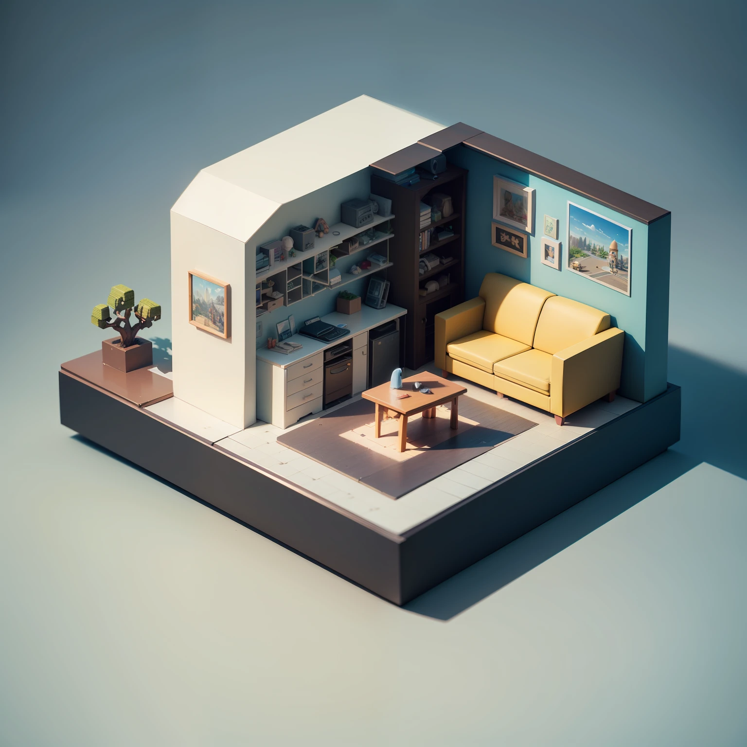 (Isometric perspective:1.5),(Pixar style:1.2), Room, bed, sofa,(small bonsai:0.8),desk lamp, TV, mural, 3D,Disney,Panoramic photo,White background, solid background,Global illumination, raytracing, modeling,HDR,octane render,unreal render,behance,dribbble,artstation,best quality, 8k, --auto