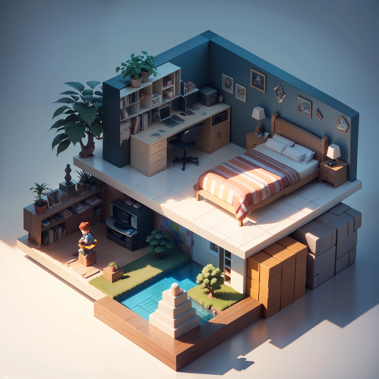 (Isometric perspective:1.5),(Pixar style:1.2), Room, bed, sofa,(small bonsai:0.8),desk lamp, TV, mural, 3D,Disney,Panoramic photo,White background, solid background,Global illumination, raytracing, modeling,HDR,octane render,unreal render,behance,dribbble,artstation,best quality, 8k, --auto