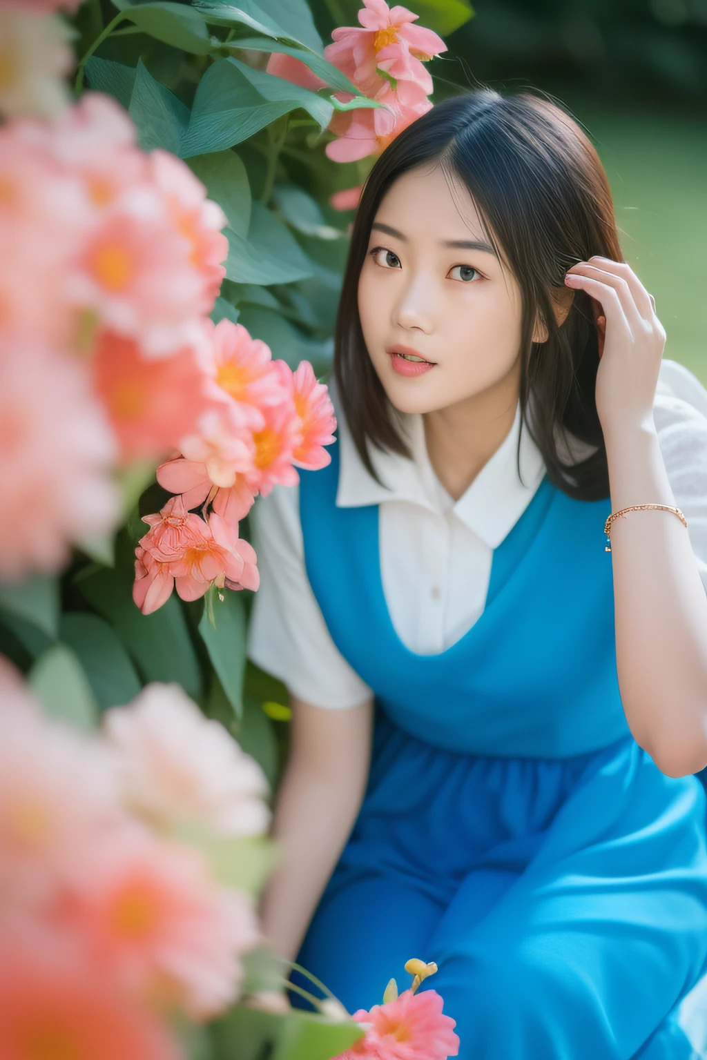 There was a woman sitting in the garden,Flowers in the hair, wearing a blue qipao dress, dslr 5 0 mm portrait photo, A young Asian woman, mid shot portrait, 60mm portrait, With flowers, a cute young woman, 2 4 mm iso 8 0 0 color, color portrait, shot in canon 50mm f/1.2