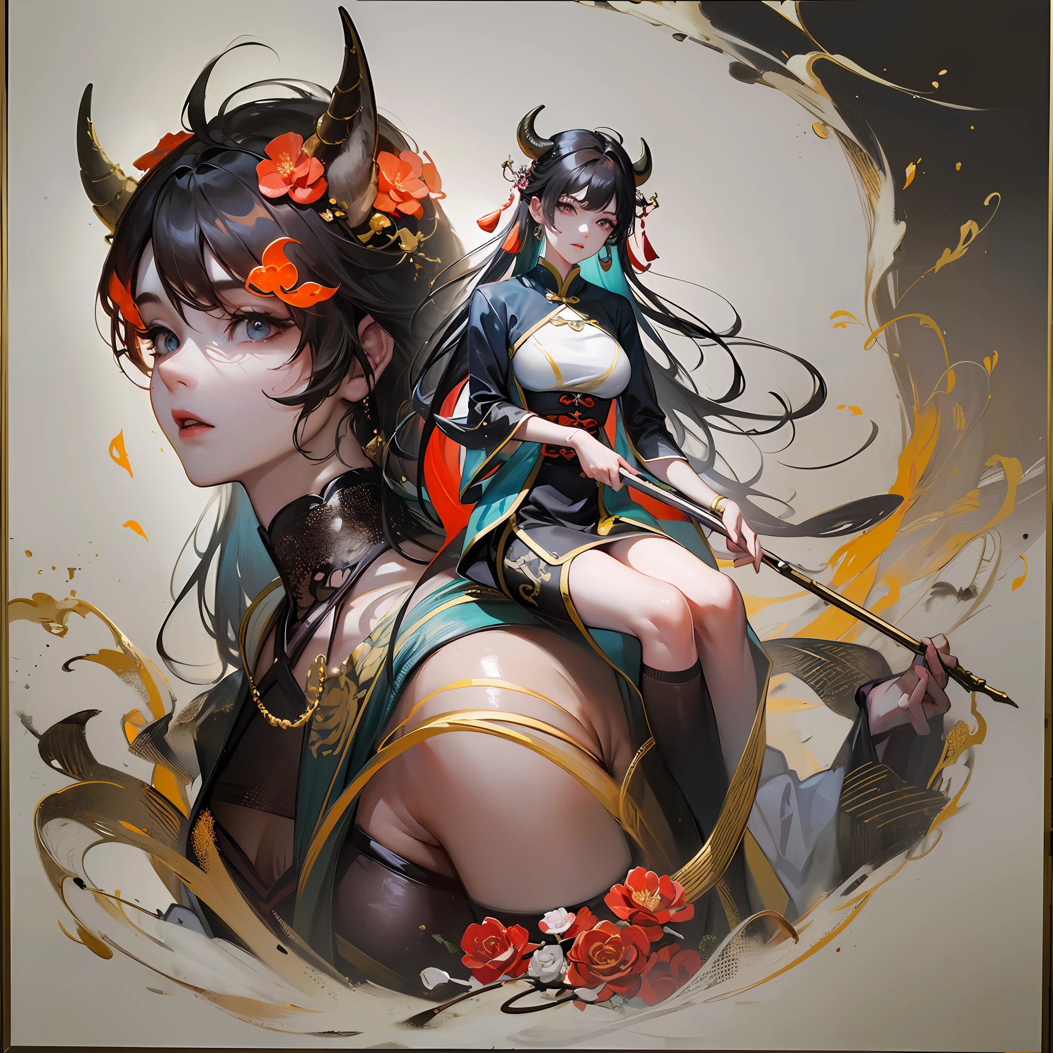 Maste Piece, Superb Painting, (Chinese ink painting), (Mature woman on cow back), Very beautiful、glossy、sexy、Chinese style, (Rasmere Style), (close-up), (Chiaroscuro), Cinematic lighting, (Depth of field), Dragon Boat Festival Poster