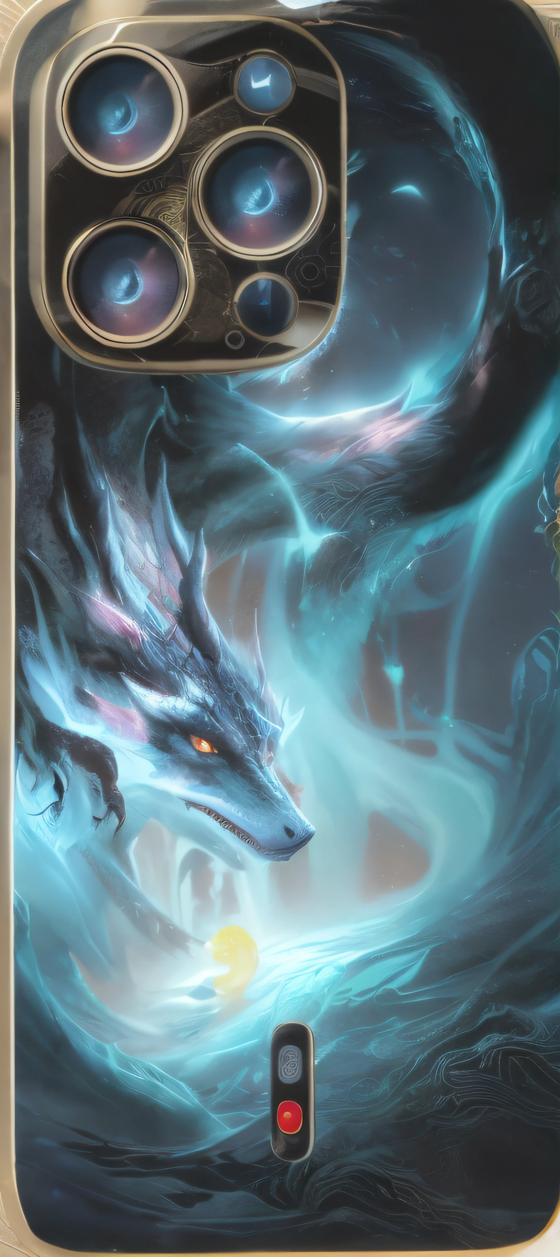 There is a picture of a phone case,There is a photo of a dragon circling above, inspired by Nōami, inspired by Sōami, mobile phone wallpaper. intricate complexity, the Milky Way, full art, fantasy - n 9, inspired by Ma Yuan, inspired by Ma Lin, bottom - view, tanks, Detailed painting 4 k, intricate oil details, extended art, full - view