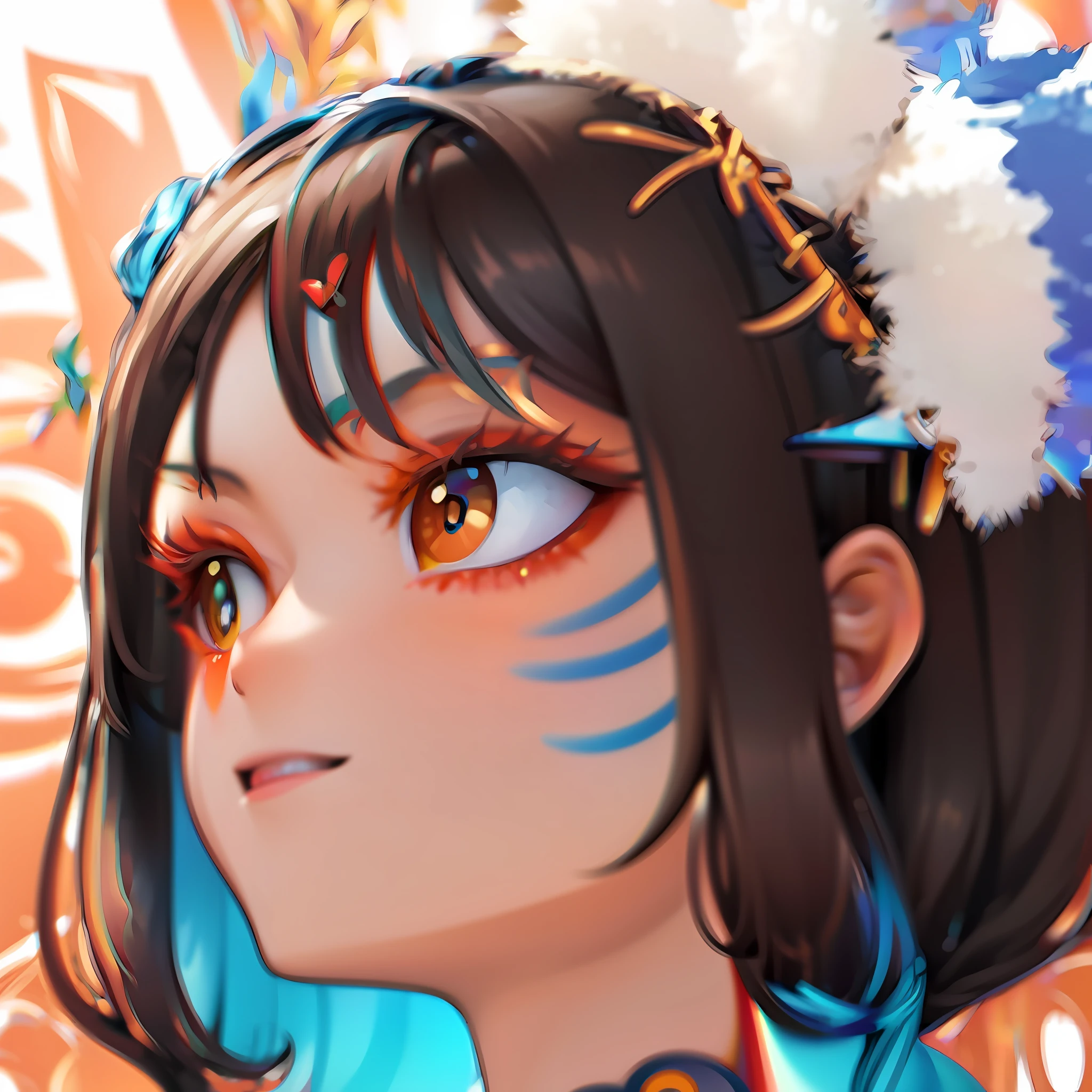 girls、Brown hair(Blue Inner Color)、short-cut、Red and blue flower hair ornament、Red Face Paint、orange eyes、