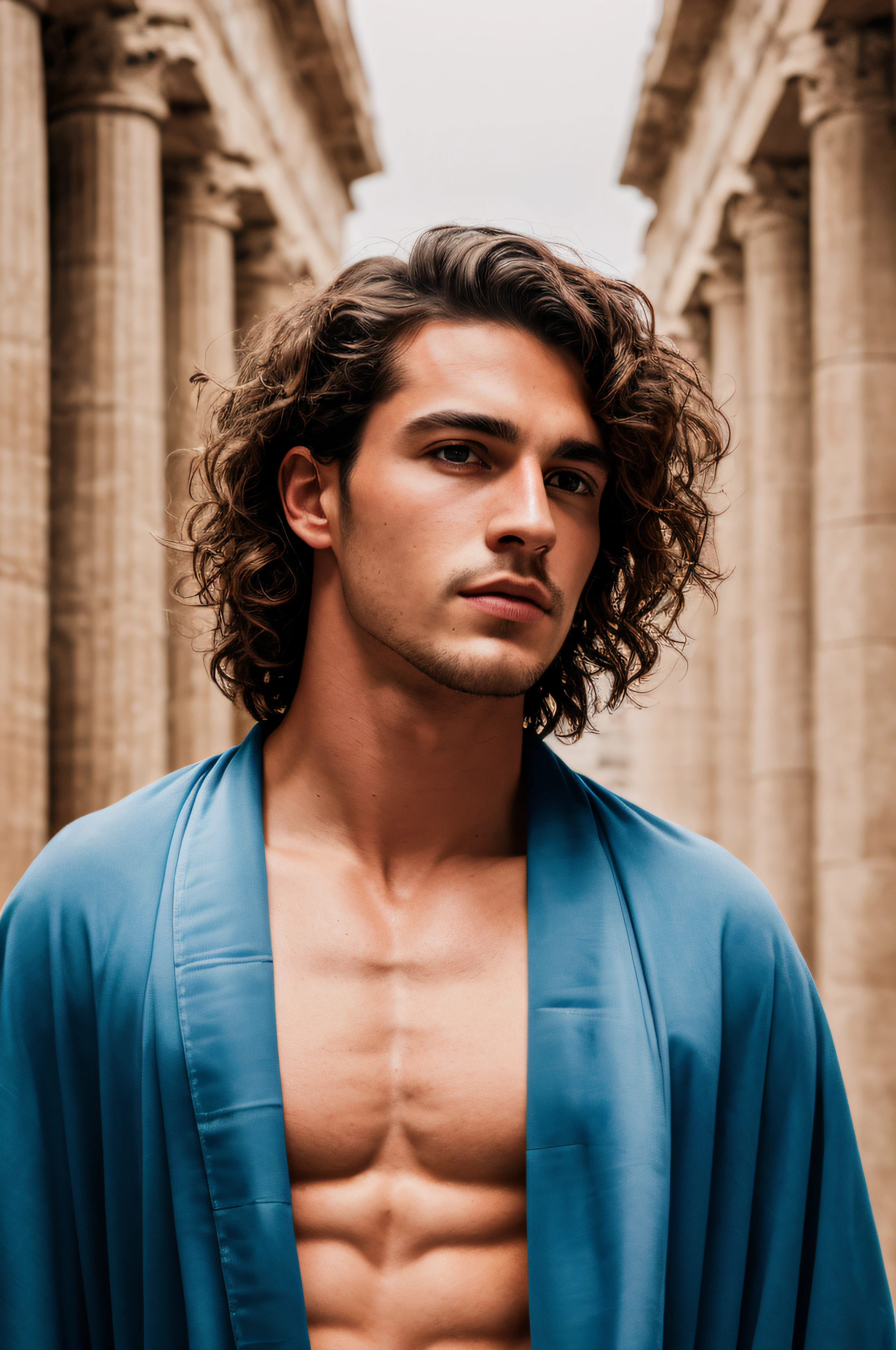 Masterpiece, an insanely handsome muscular young east european greek god, medium-length curly hair, wearing in the sumptuous robes of an ancient greek god, standing in the street of an ancient greek, masculine, tall, strong, teen, ancient greek background, well endowed, (high detail:1 1), rough face, ultra high quality, beautiful eyes, (detailed face and eyes), (face: 1 2), noise, extra, real photo, PSD, lamp film photography, sharp focus, contrast lighting, high resolution 8k, crazy detail, realistic, professional photography, 8k UHD, SLR camera, soft lighting, high quality, film grain, Fujifilm XT3