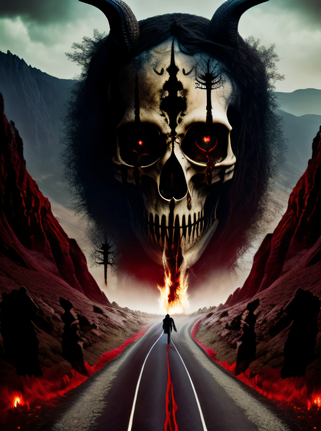 Dark Bloody Giant towering Devil Death Hollow Eyes on both sides of the path 1.2 The road is full of skeletons The path is shattered and flames erupt from the ground 2.4 There are two people walking on the road, black impermanence, white impermanence, very small