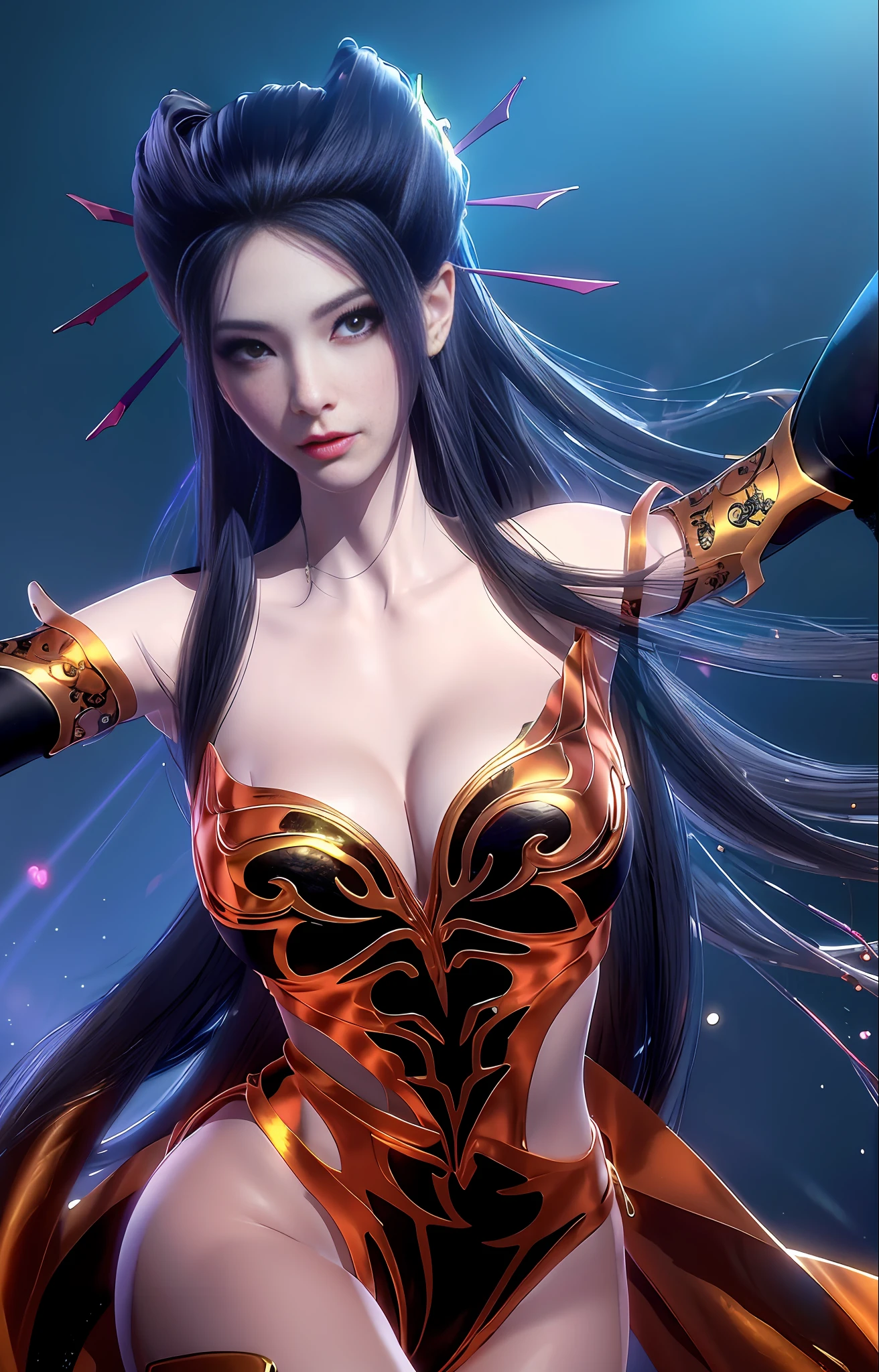1girl, (upon body:1.3), hair ornament, necklace, jewelry, long hair, earrings, highres, hair ribbon,(Beautiful face:1.2),detailed beautiful eyes, skinny body,shiny skin,Slim waist,(8k_wallpaper), Intricate and refined delicate details,Chinese clothes,toned abs,detached sleeves,playboy bunny, flowers, bushes, roses, rose, pink,