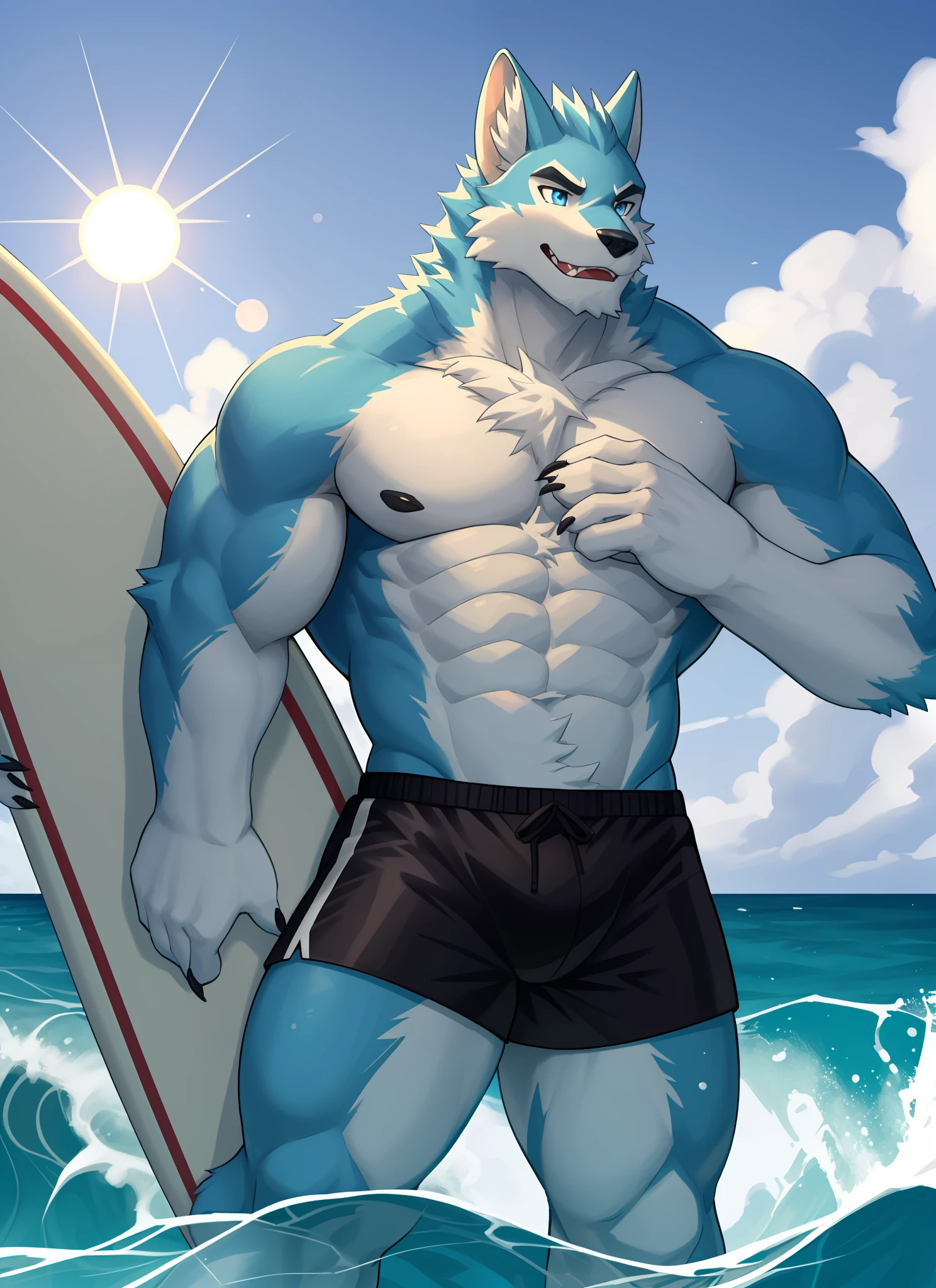 独奏，1boys， Male focus， very muscular， chest muscle， mucular male， Briefs， Sharp nails， During the Day，afloat， Long hairs， Blue fur，Thick legs，Lewd expression，独奏，solo person，swimshorts，Only one person！Cross your hands at the waist，Blue pupil，eye closeup，surfboard，Surfing，ocean swells，zhangzui，Whole human body，Light，The Sun