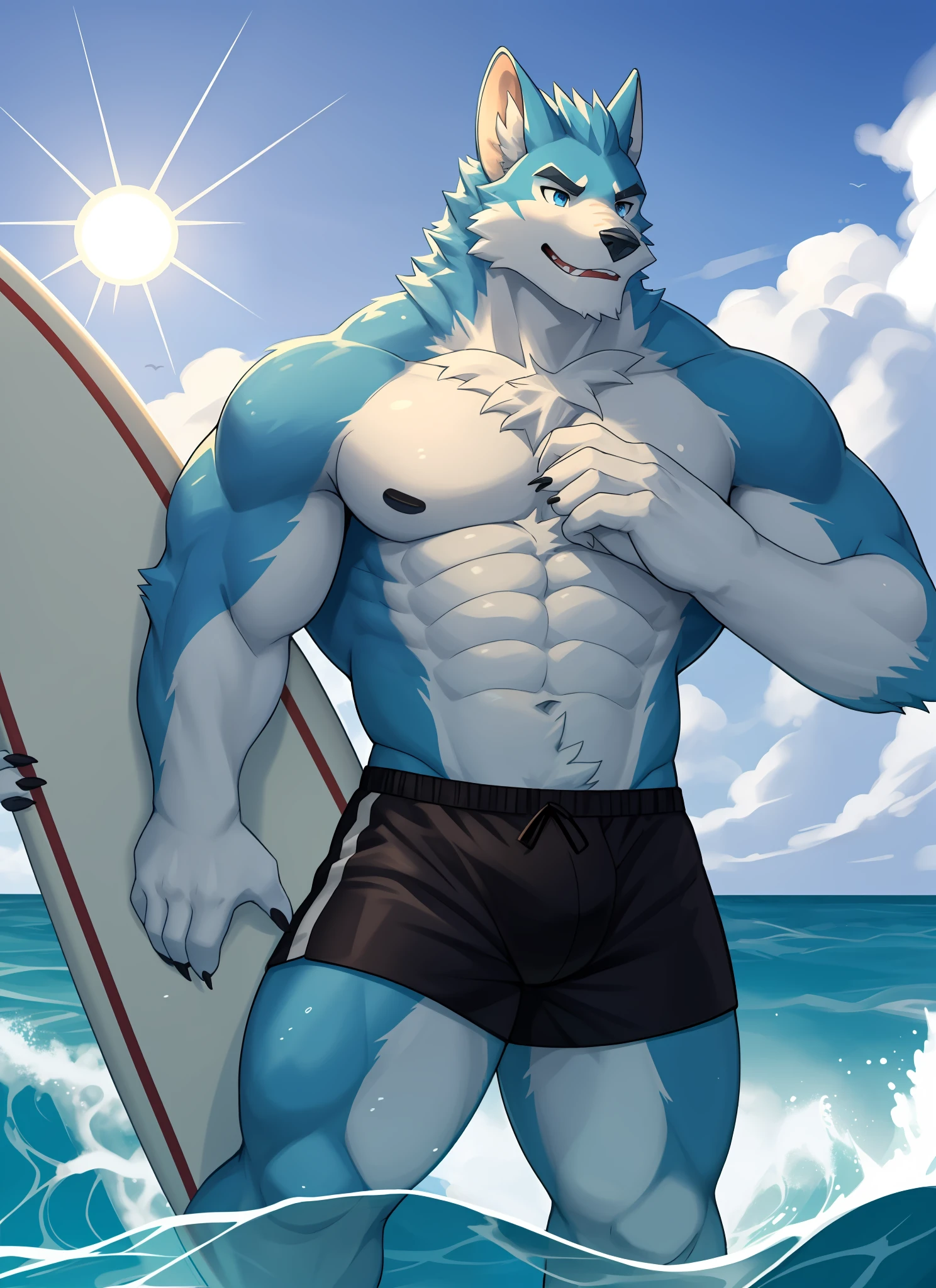 独奏，1boys， Male focus， very muscular， chest muscle， mucular male， Briefs， Sharp nails， During the Day，afloat， Long hairs， Blue fur，Thick legs，Lewd expression，独奏，solo person，swimshorts，Only one person！Cross your hands at the waist，Blue pupil，eye closeup，surfboard，Surfing，ocean swells，zhangzui，Whole human body，Light，The Sun