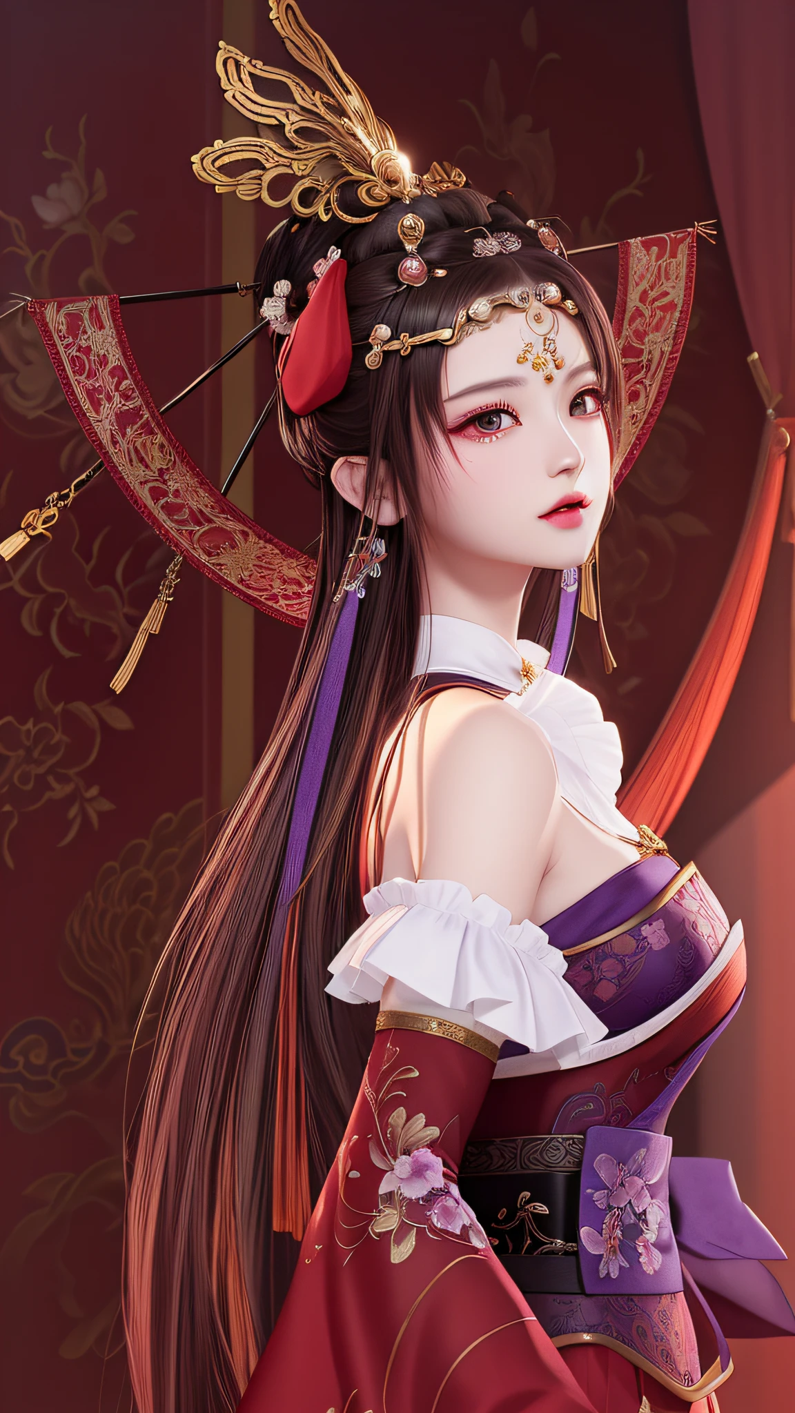 there is a woman with a red hat and a purple dress, a beautiful fantasy empress, 2. 5 D CGI anime fantasy artwork, beautiful and seductive anime woman, Game CG, ((a beautiful fantasy empress)), Beautiful digital artwork, ancient chinese princess, Beautiful character painting, Smooth anime CG art, inspired by Pu Hua, Beautiful rendering of the Tang Dynasty