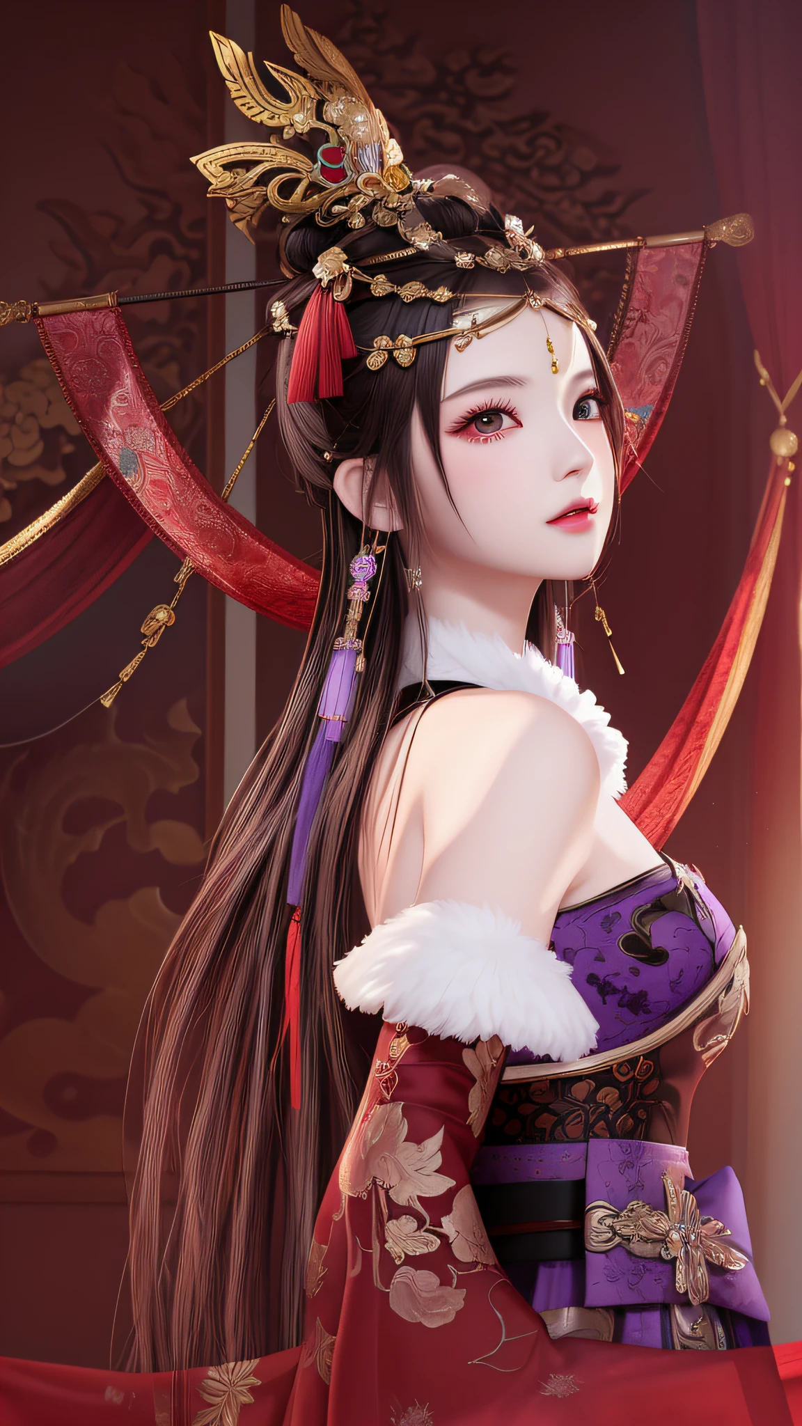 there is a woman with a red hat and a purple dress, a beautiful fantasy empress, 2. 5 D CGI anime fantasy artwork, beautiful and seductive anime woman, Game CG, ((a beautiful fantasy empress)), Beautiful digital artwork, ancient chinese princess, Beautiful character painting, Smooth anime CG art, inspired by Pu Hua, Beautiful rendering of the Tang Dynasty
