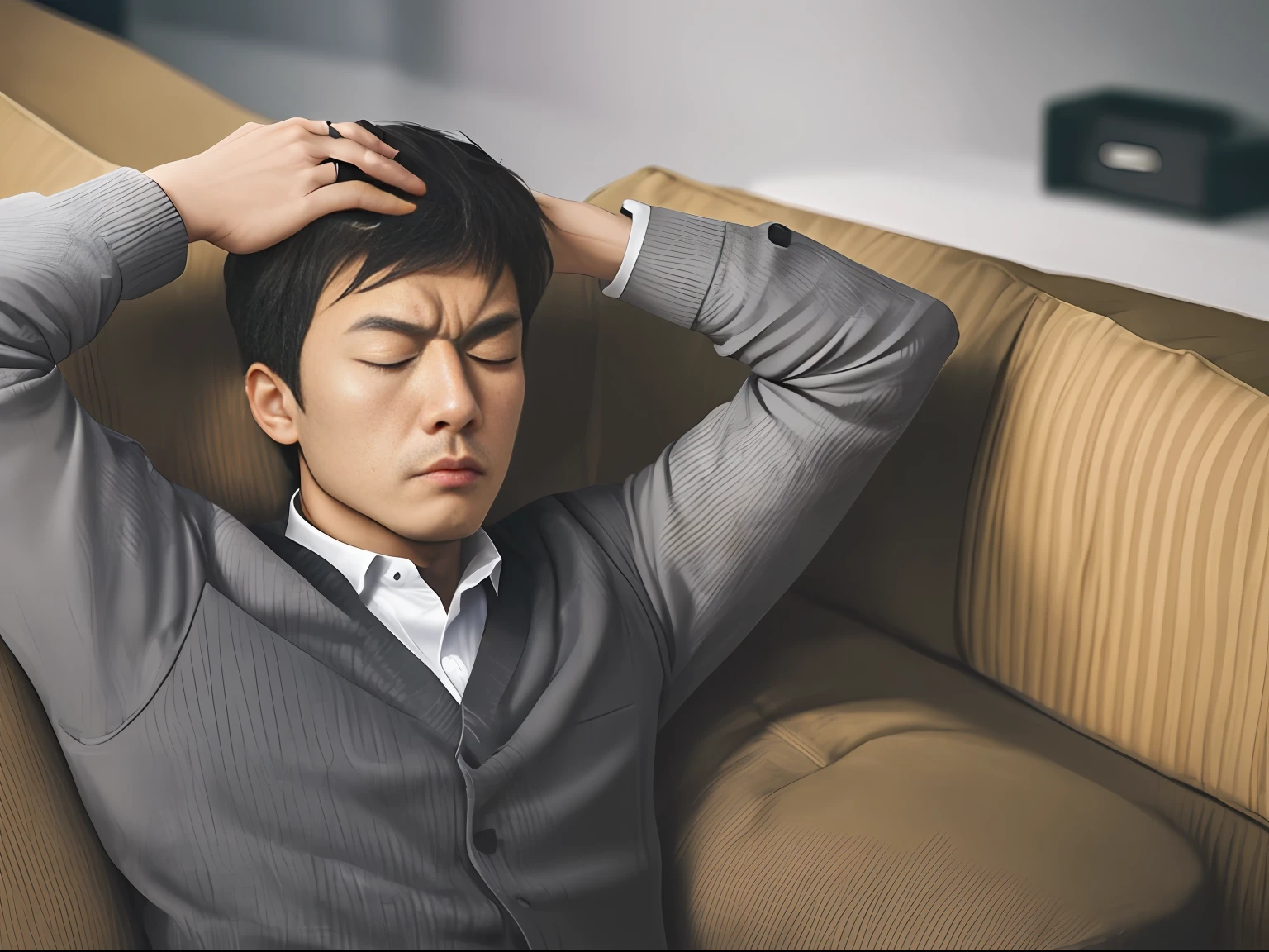 A person closes his eyes，With a pained expression on his face，Indicates subconsciously dangerous content。 --auto