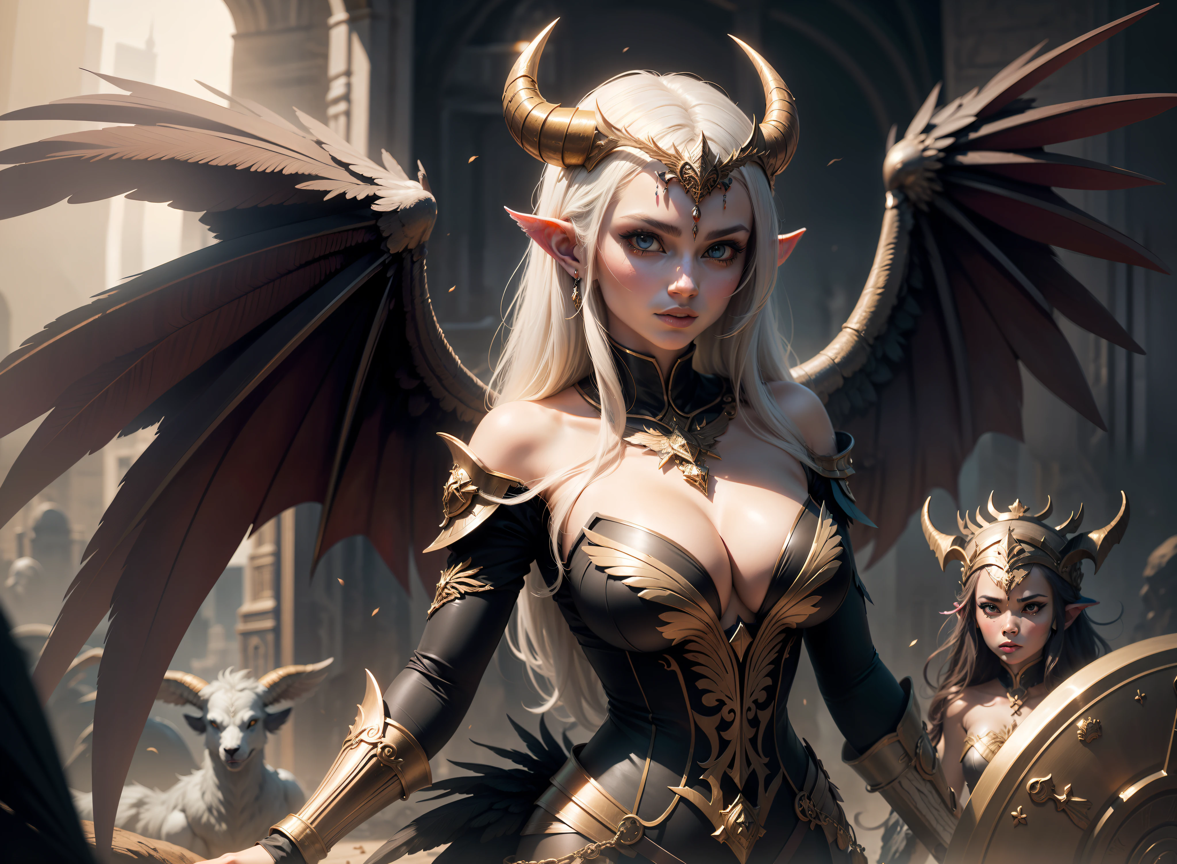 A demon queen with great wings on both sides and horns, on the right side and a Valkyrie on the left side with an impressive plumage, High, amazing detail