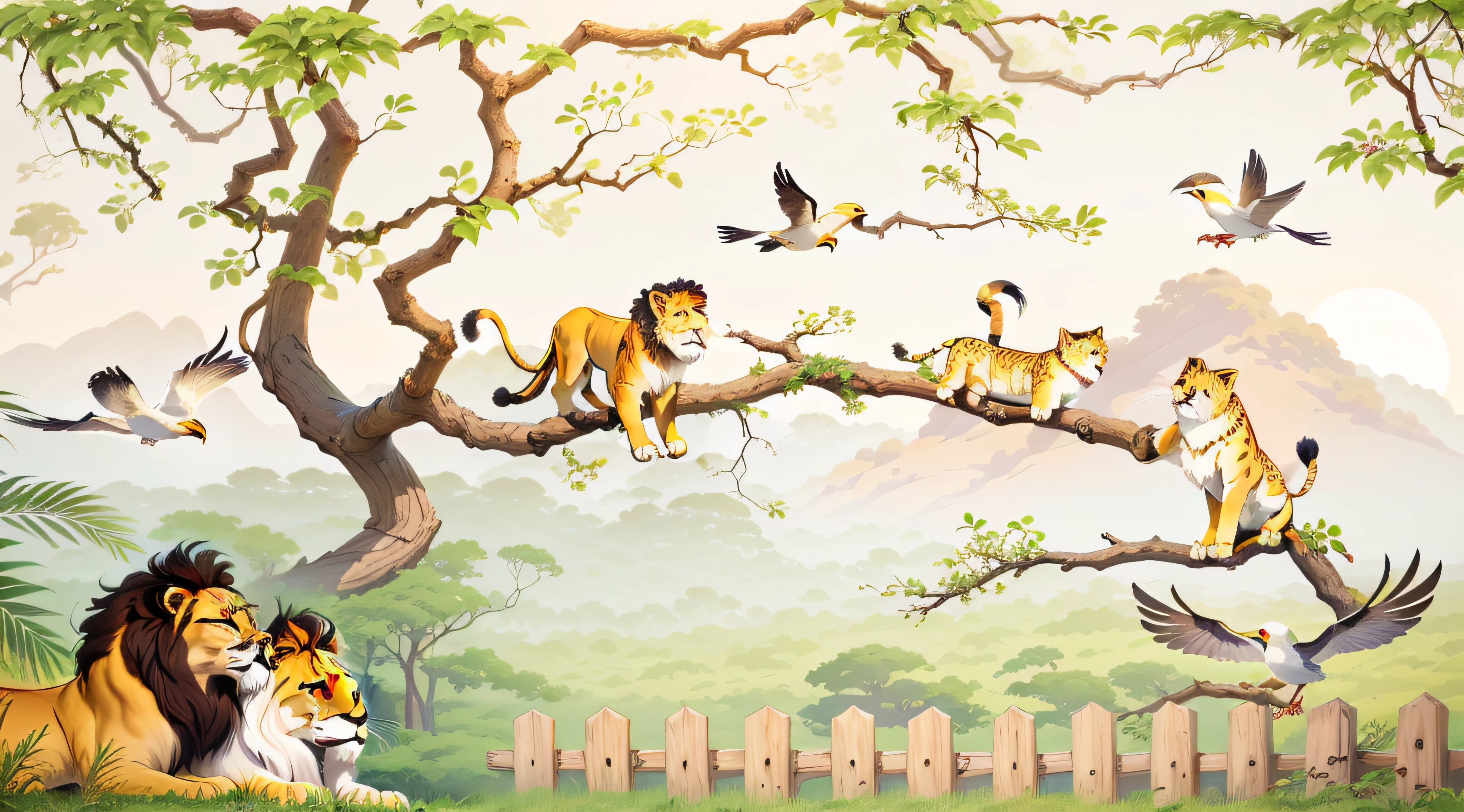 cartoon lion family in the jungle with birds and trees, Fundo do Safari, A selva ao fundo, the lion king, hand painted cartoon art style, fundo savana, reino animal, 256x256, 2 5 6 x 2 5 6, Rei da selva, Simba, selva, selva no fundo, cena da selva, wildlife illustration, selva de fundo